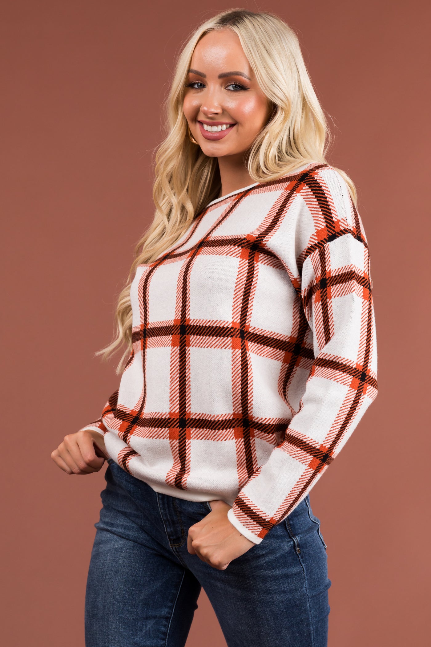 Ivory and Pumpkin Checkered Long Sleeve Sweater