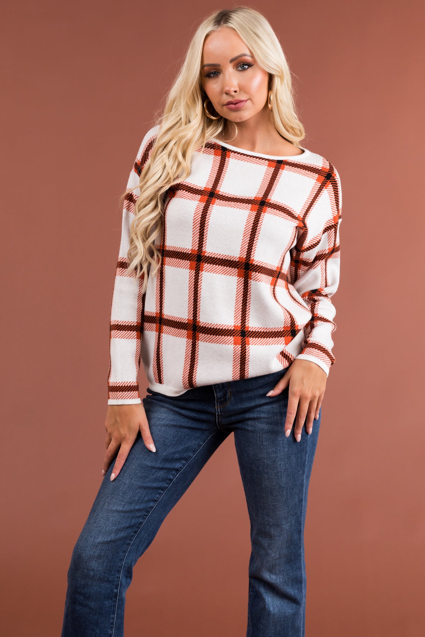 Ivory and Pumpkin Checkered Long Sleeve Sweater