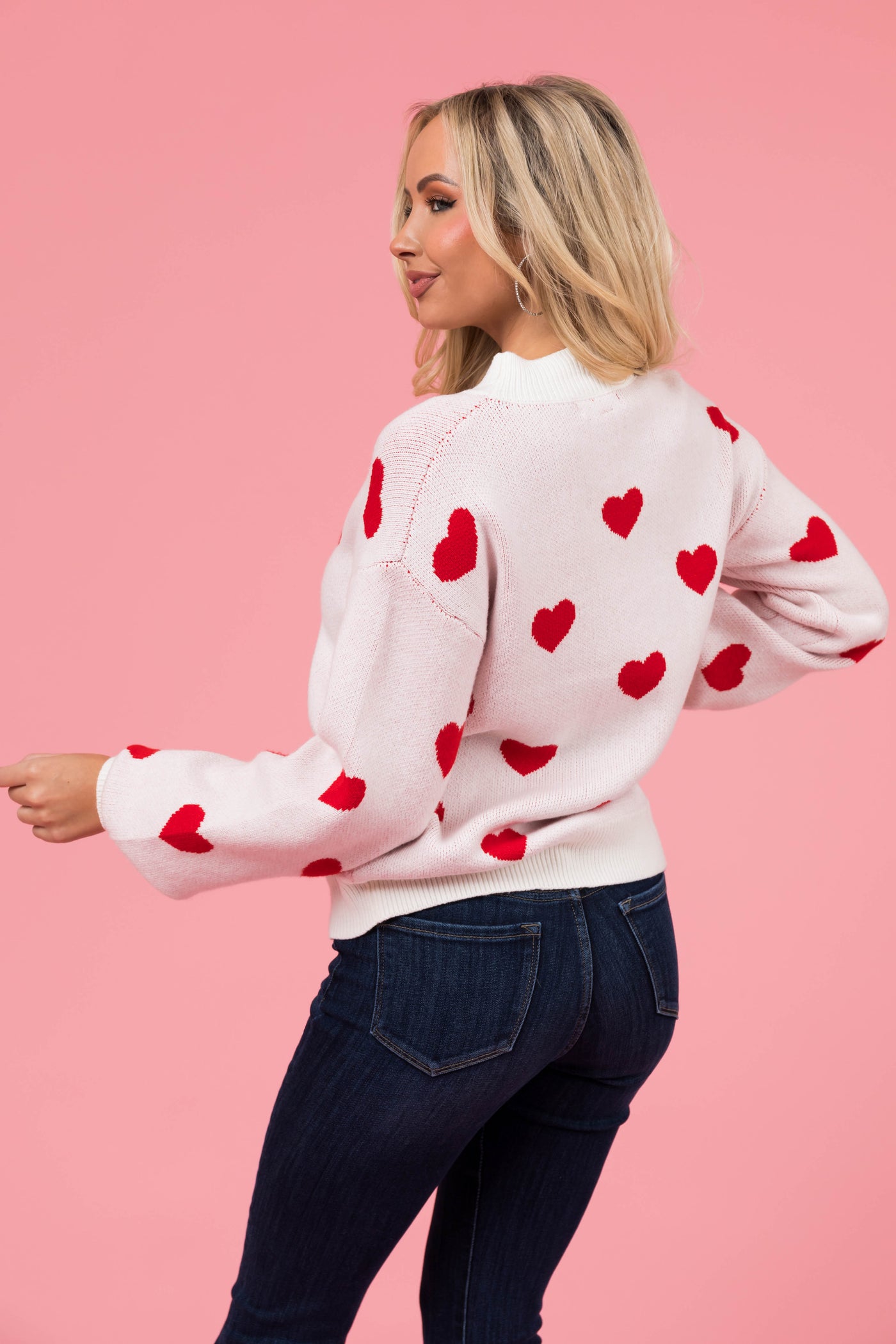 Ivory and Red Bubble Sleeve Heart Sweater