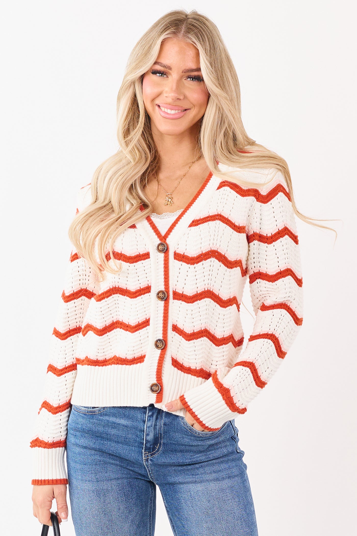 Ivory and Rust Chevron Striped Cotton Cardigan