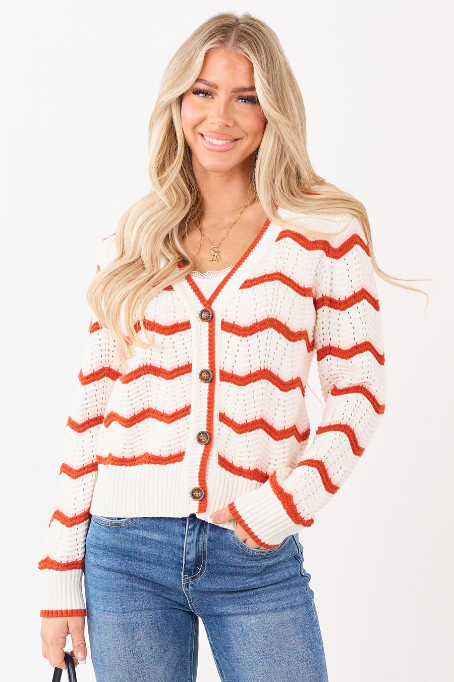 Ivory and Rust Chevron Striped Cotton Cardigan
