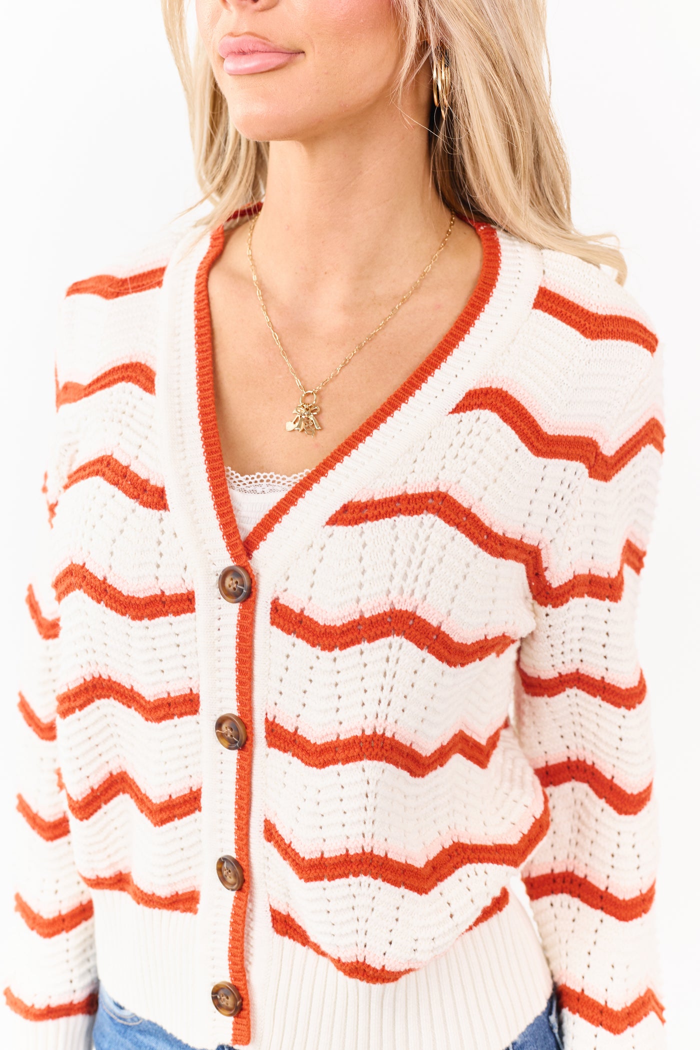Ivory and Rust Chevron Striped Cotton Cardigan