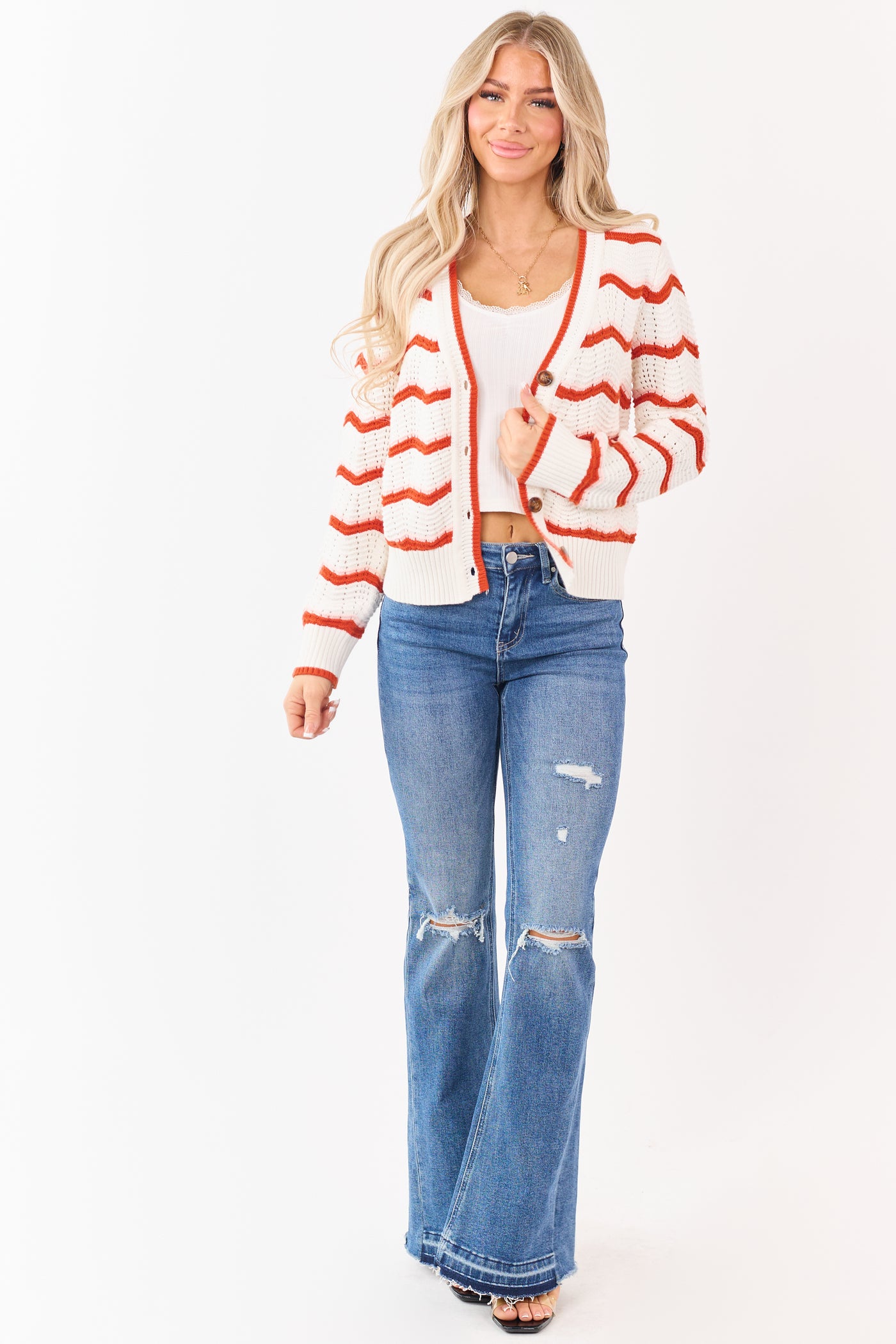 Ivory and Rust Chevron Striped Cotton Cardigan