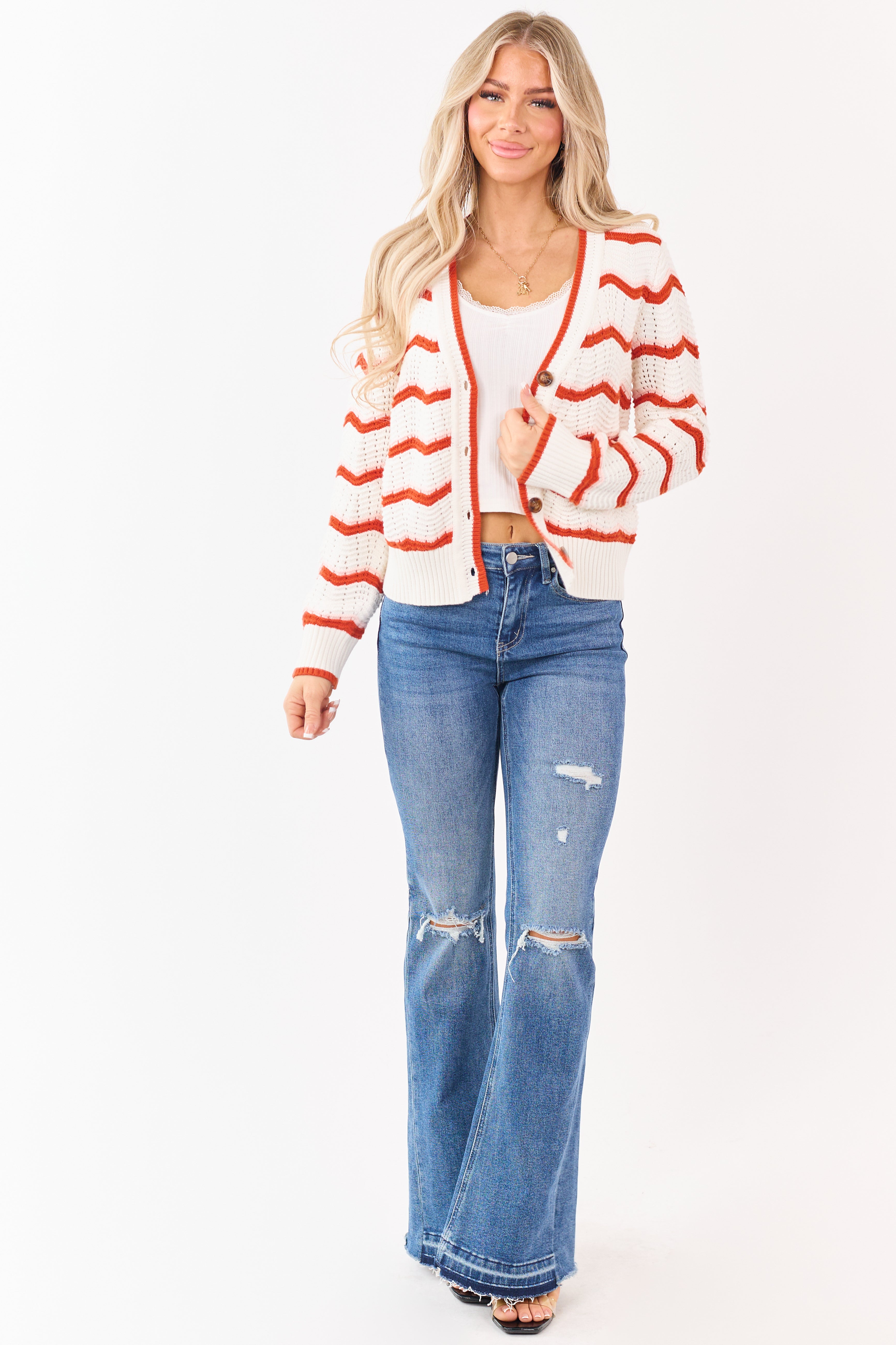 Ivory and Rust Chevron Striped Cotton Cardigan