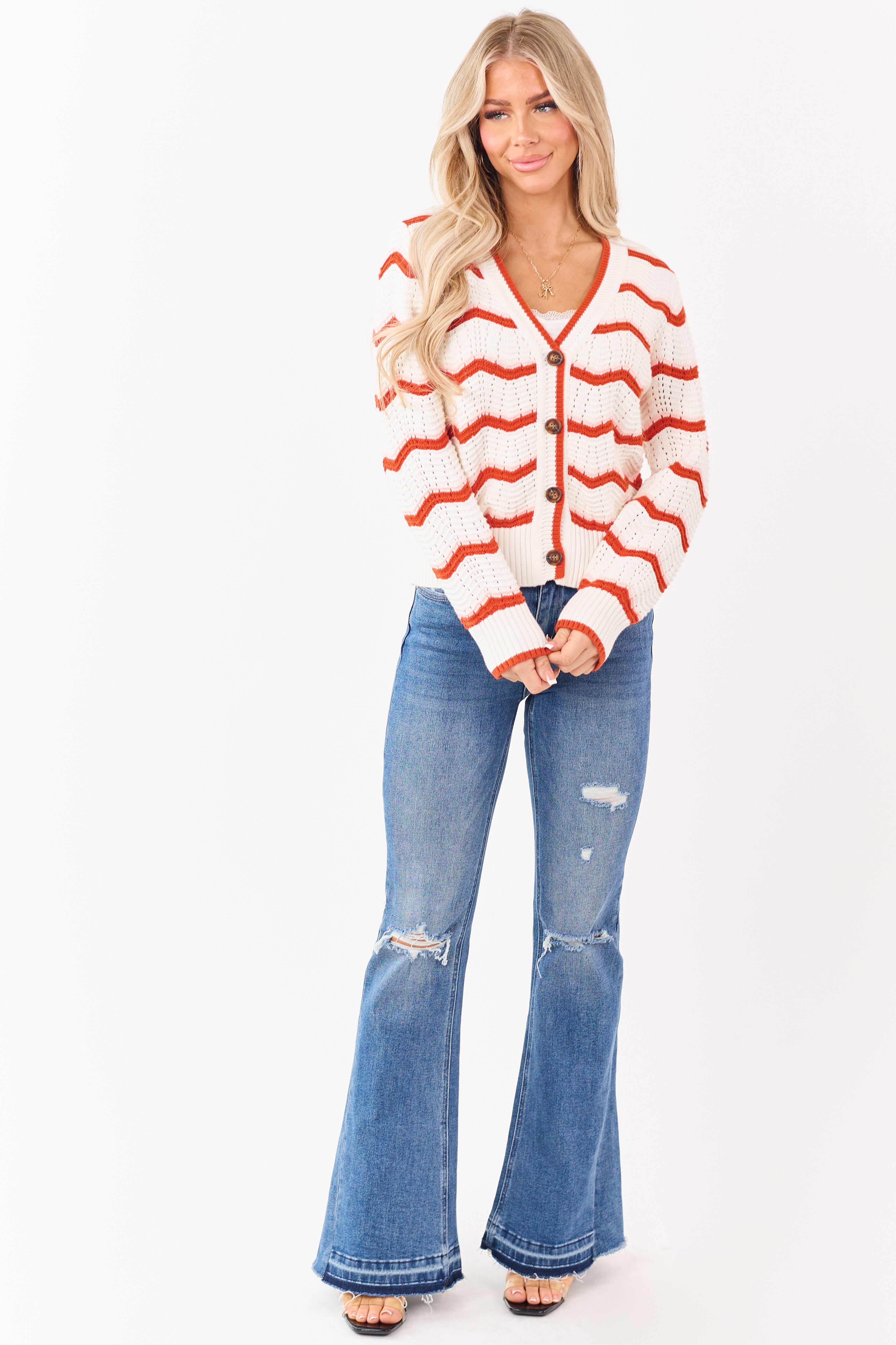 Ivory and Rust Chevron Striped Cotton Cardigan