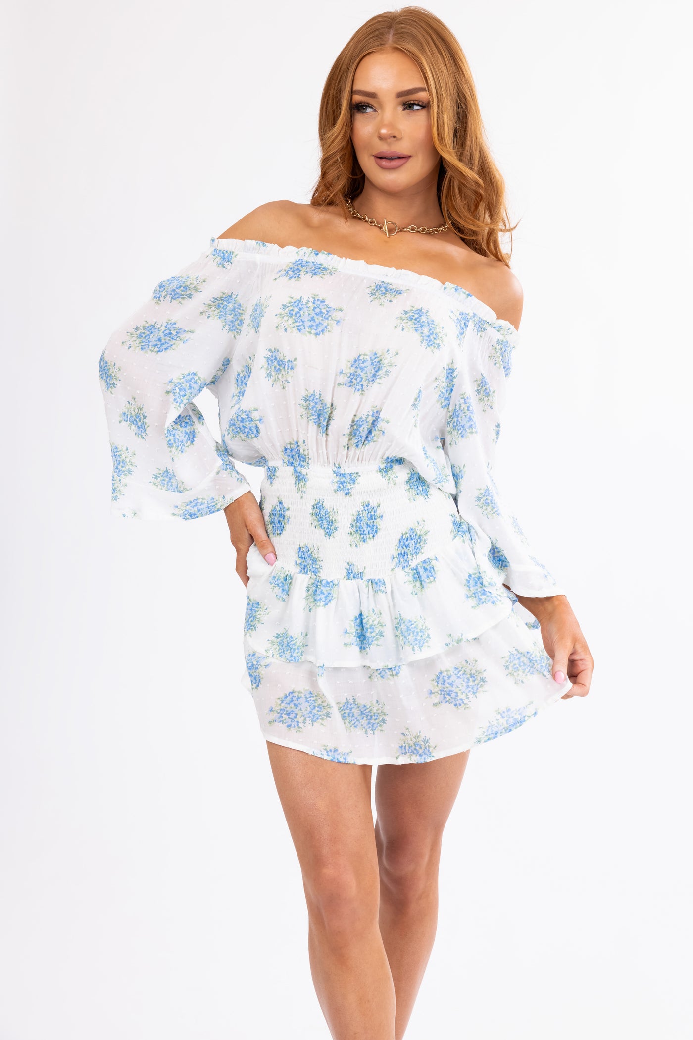 Ivory and Sapphire Floral Off Shoulder Romper