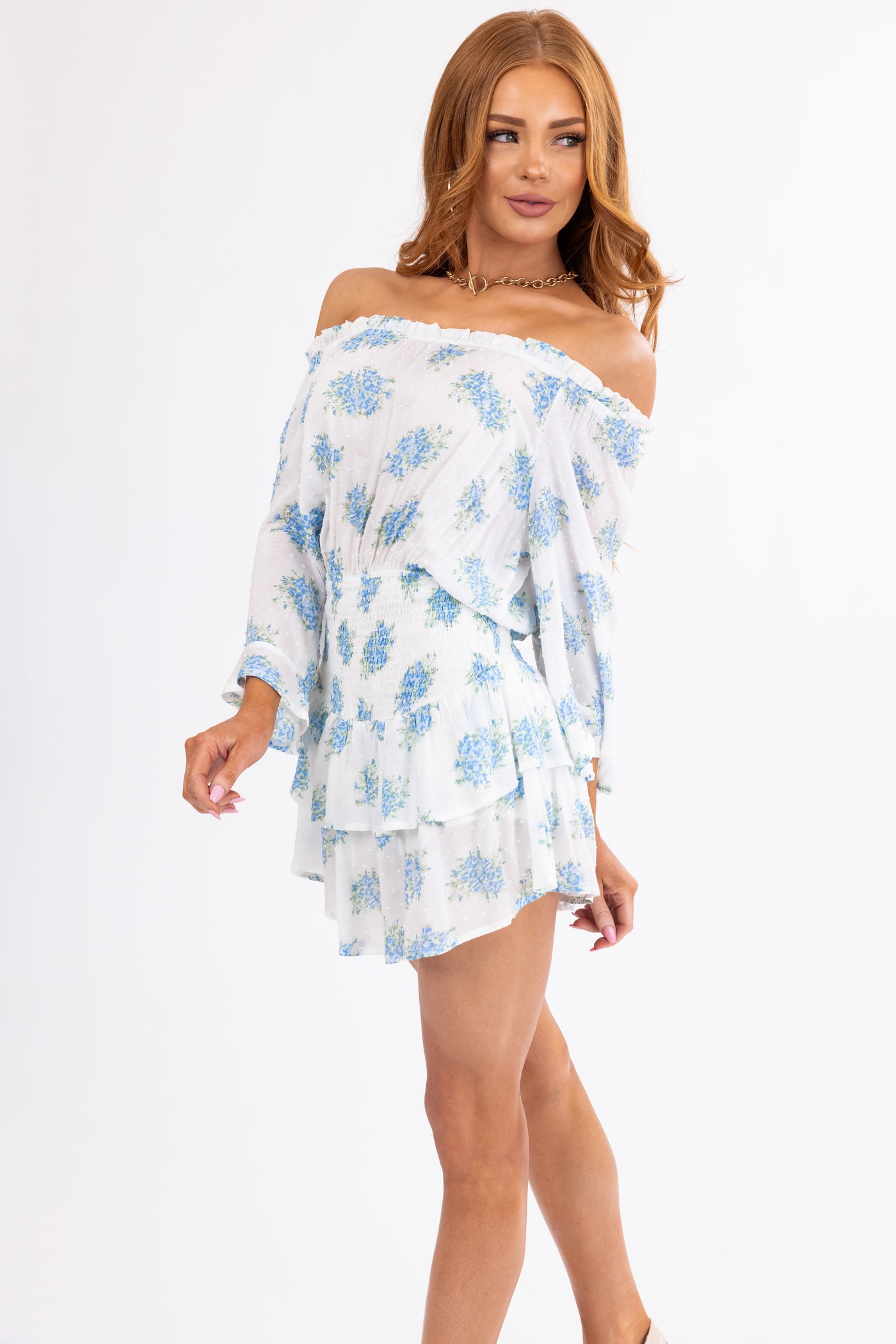 Ivory and Sapphire Floral Off Shoulder Romper