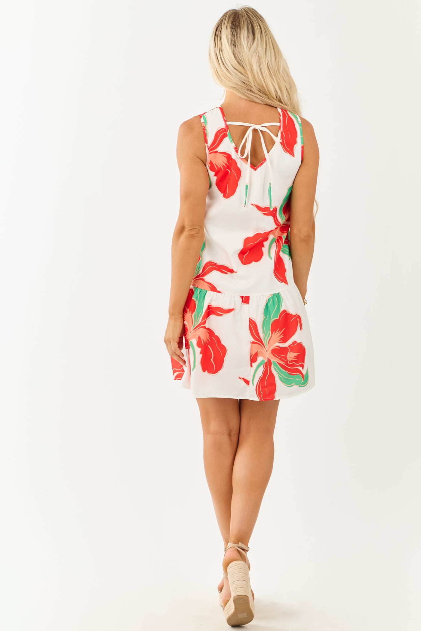 Ivory and Scarlet Tropical Print Tent Style Mini Dress