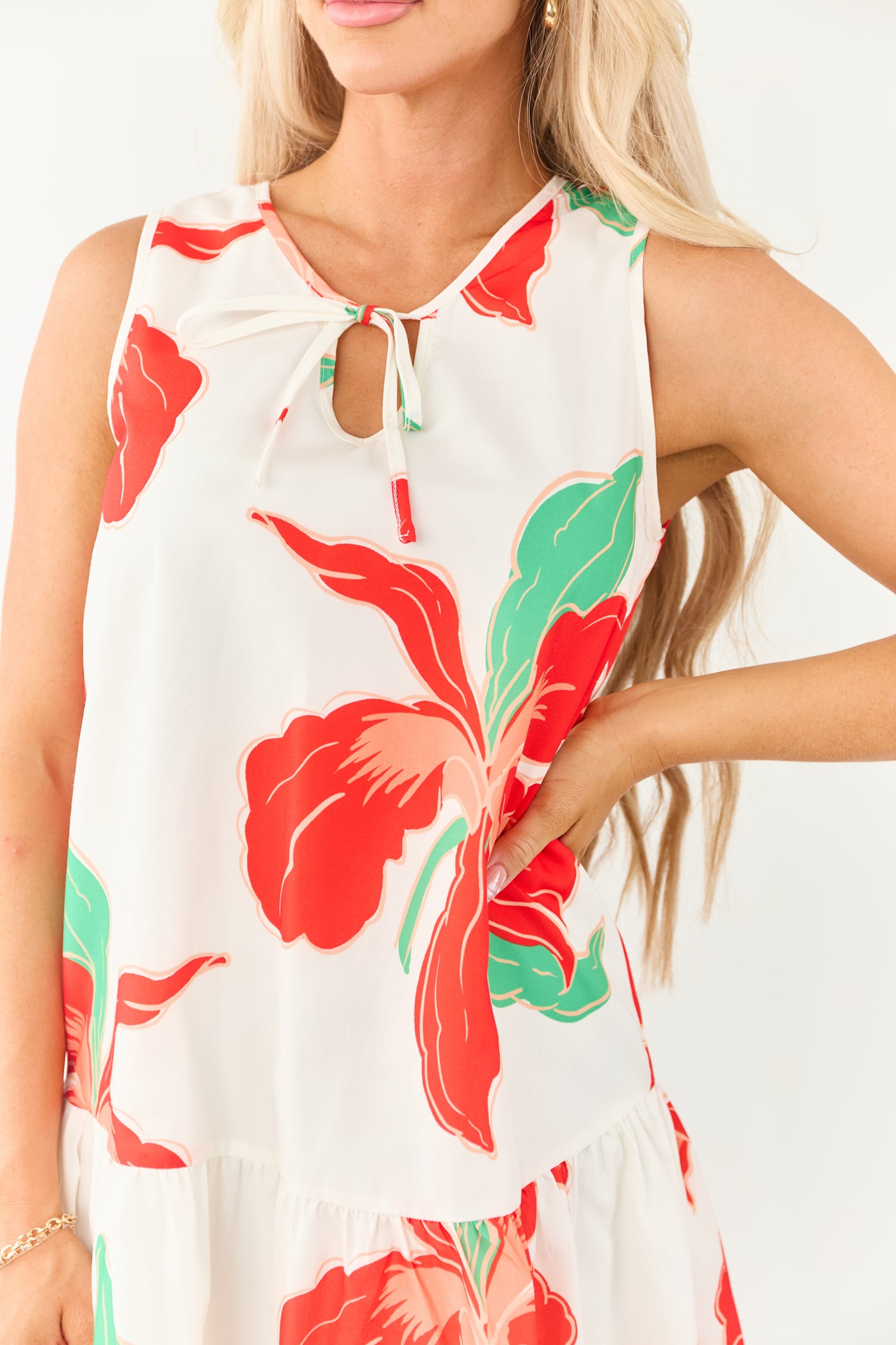 Ivory and Scarlet Tropical Print Tent Style Mini Dress