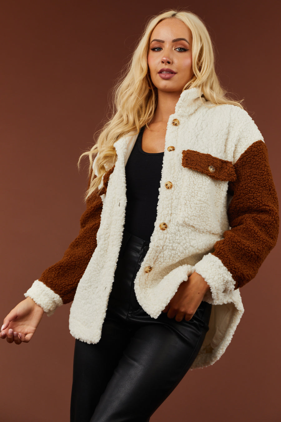 Ivory and Sepia Colorblock Button Up Sherpa Jacket