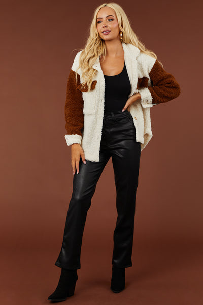 Ivory and Sepia Colorblock Button Up Sherpa Jacket