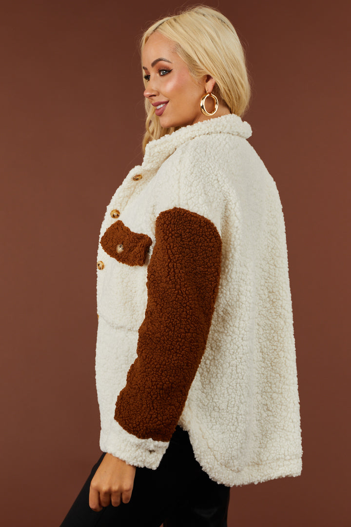 Ivory and Sepia Colorblock Button Up Sherpa Jacket