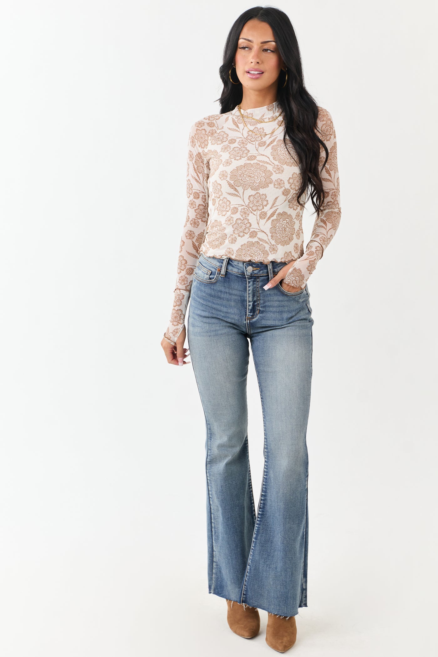 Ivory and Sepia Floral Print Mesh Mock Neck Top