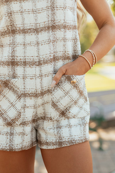 Ivory and Sepia Plaid Tweed Sleeveless Romper
