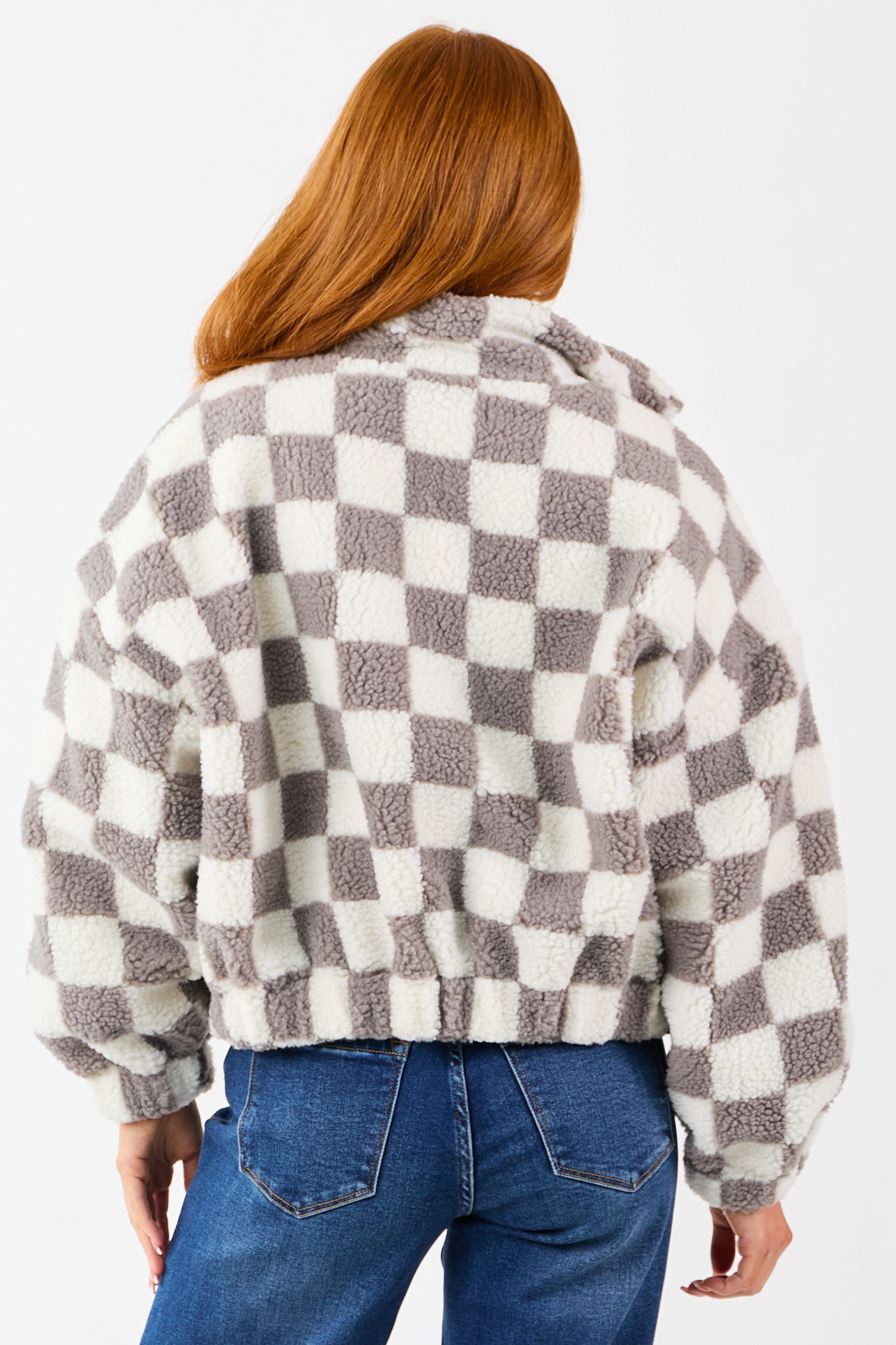 Ivory and Steel Checkered Sherpa Zip Up Jacket