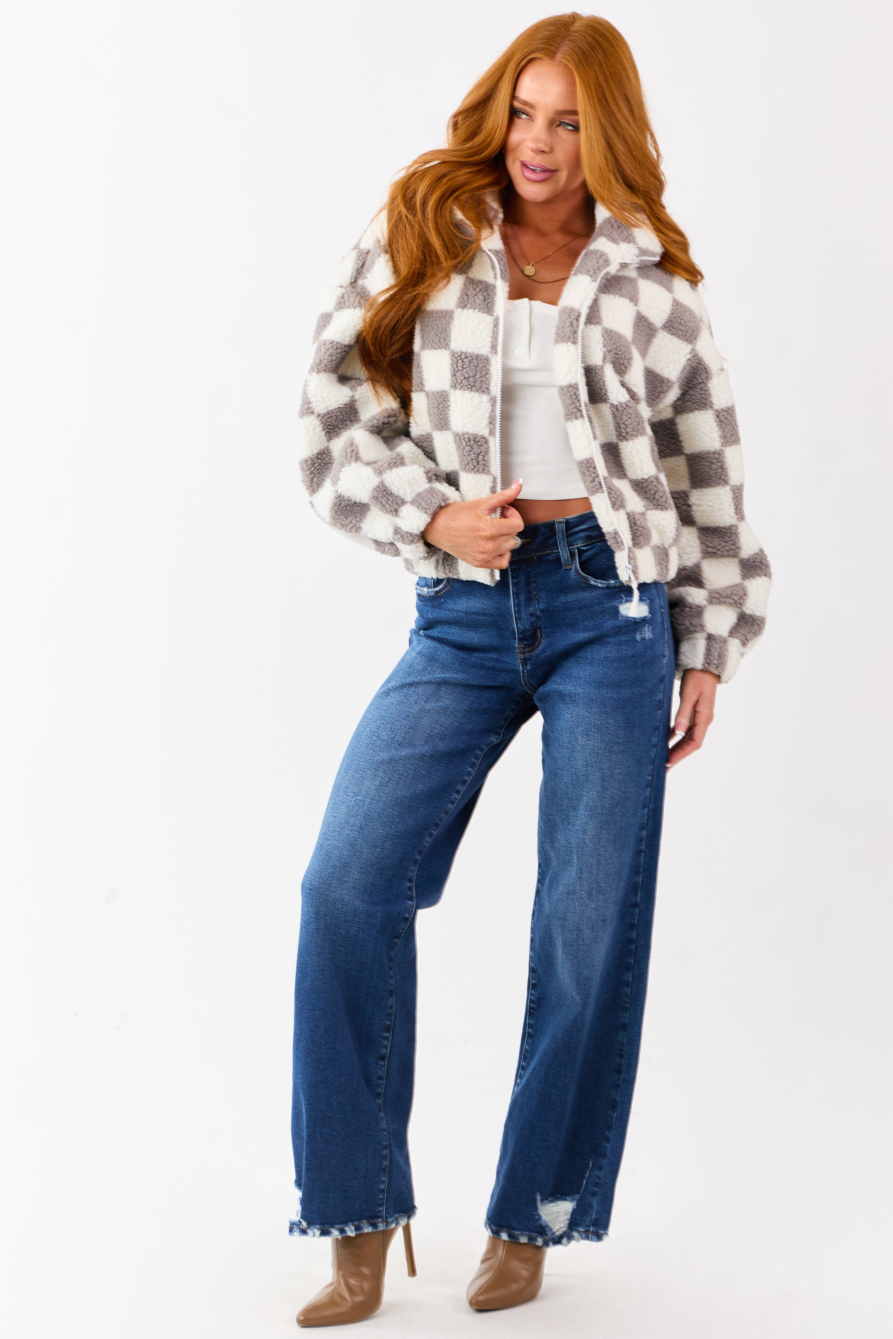 Ivory and Steel Checkered Sherpa Zip Up Jacket