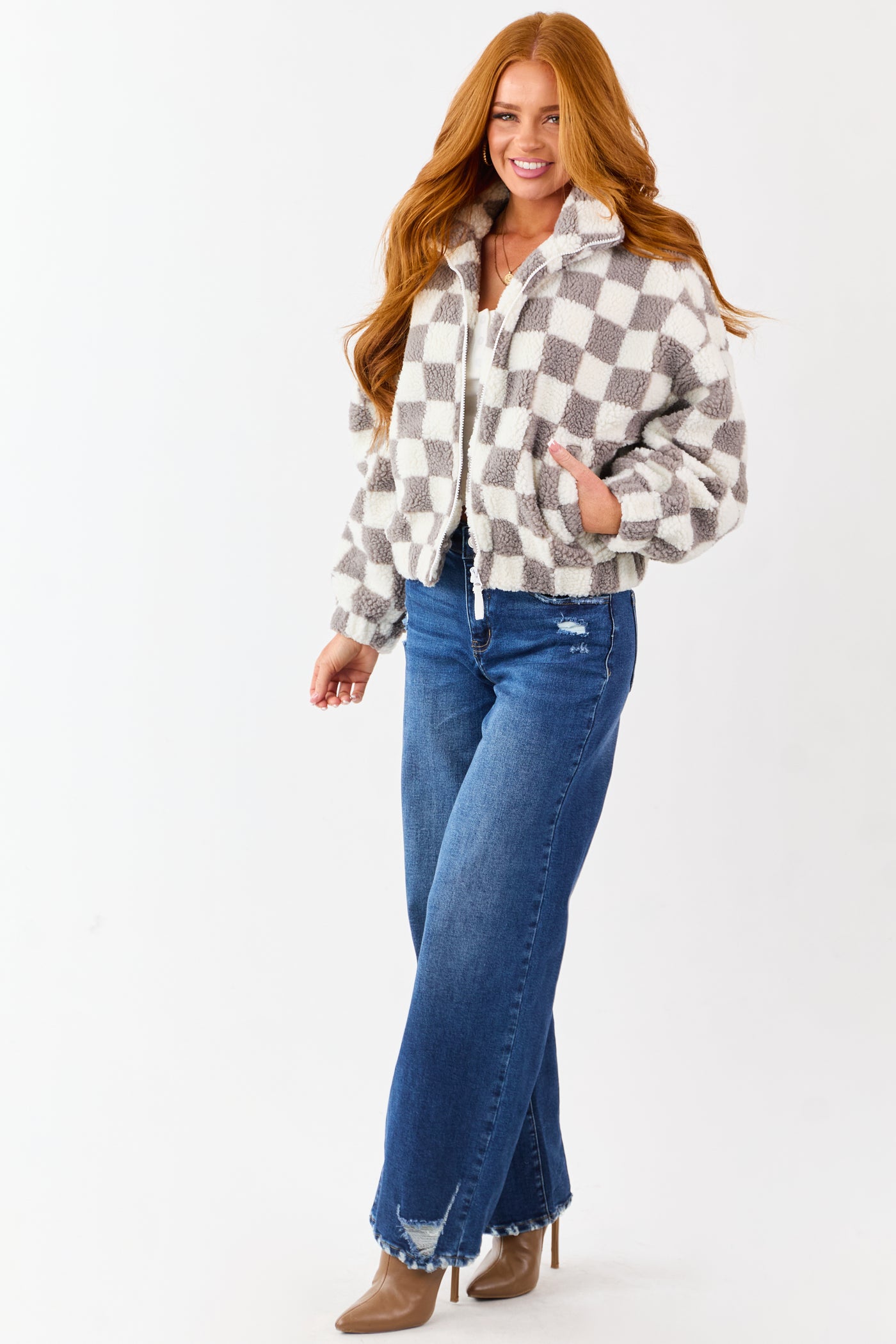Ivory and Steel Checkered Sherpa Zip Up Jacket