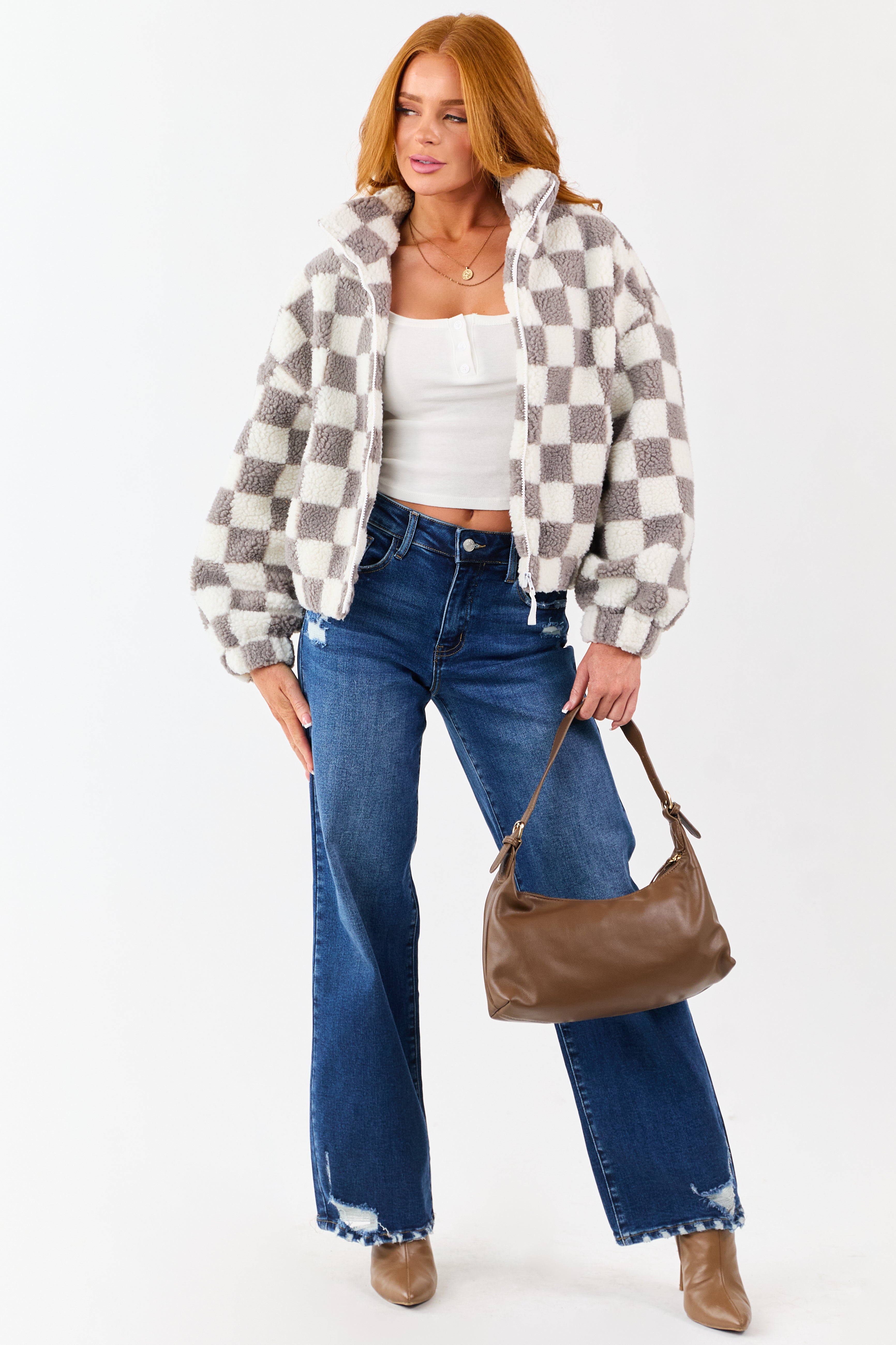 Ivory and Steel Checkered Sherpa Zip Up Jacket | Lime Lush Boutique