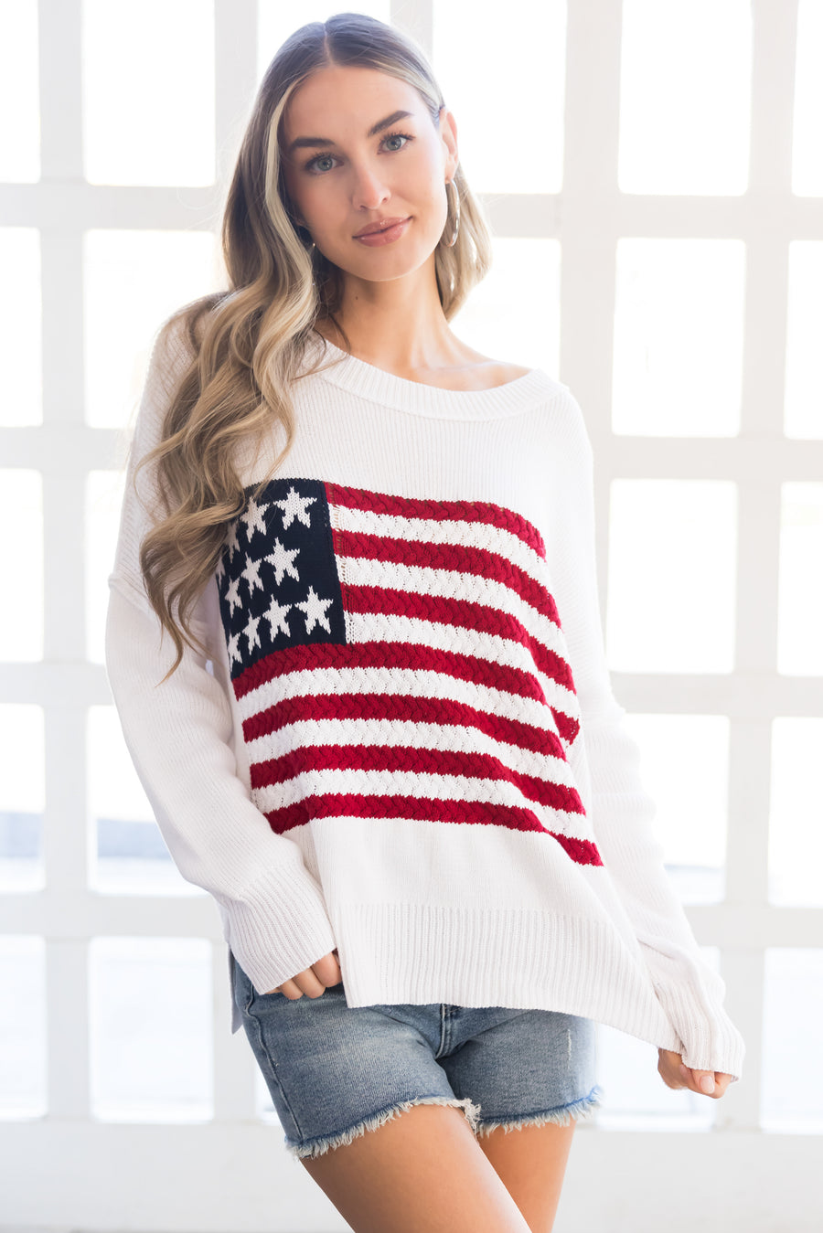 Ivory American Flag Crochet Knit Sweater