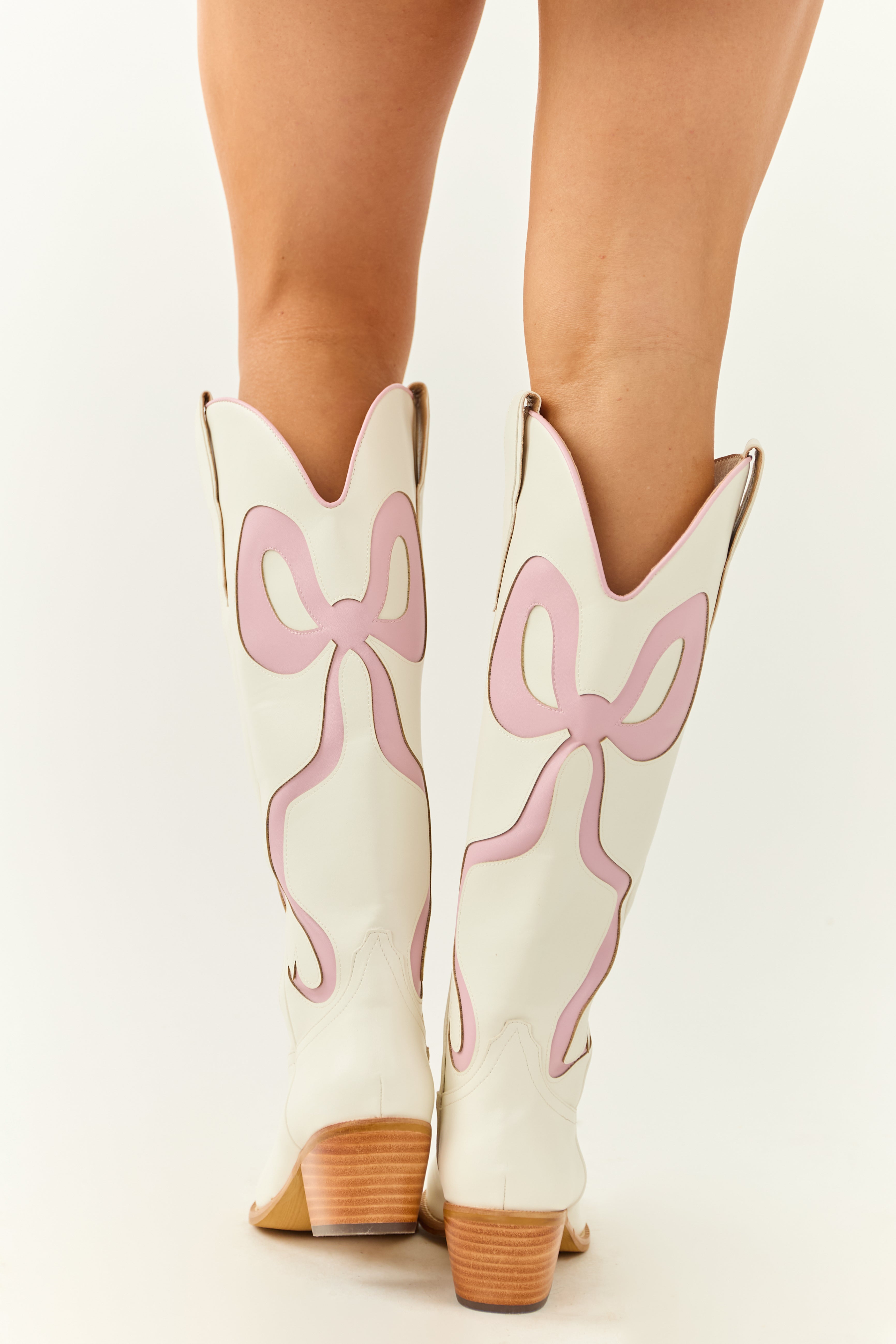 Ivory Bow Detail Knee High Western Heel Boots