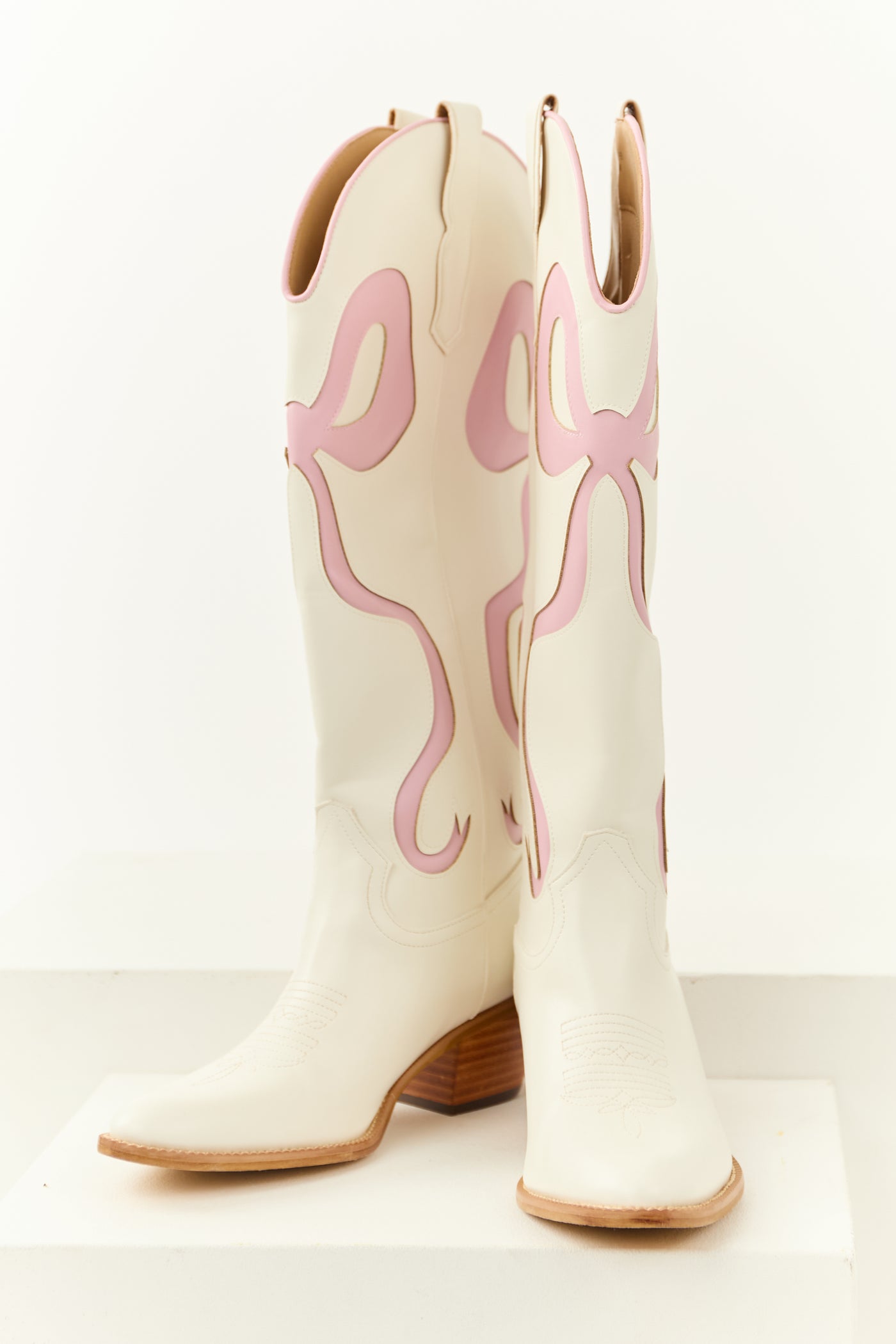 Ivory Bow Detail Knee High Western Heel Boots