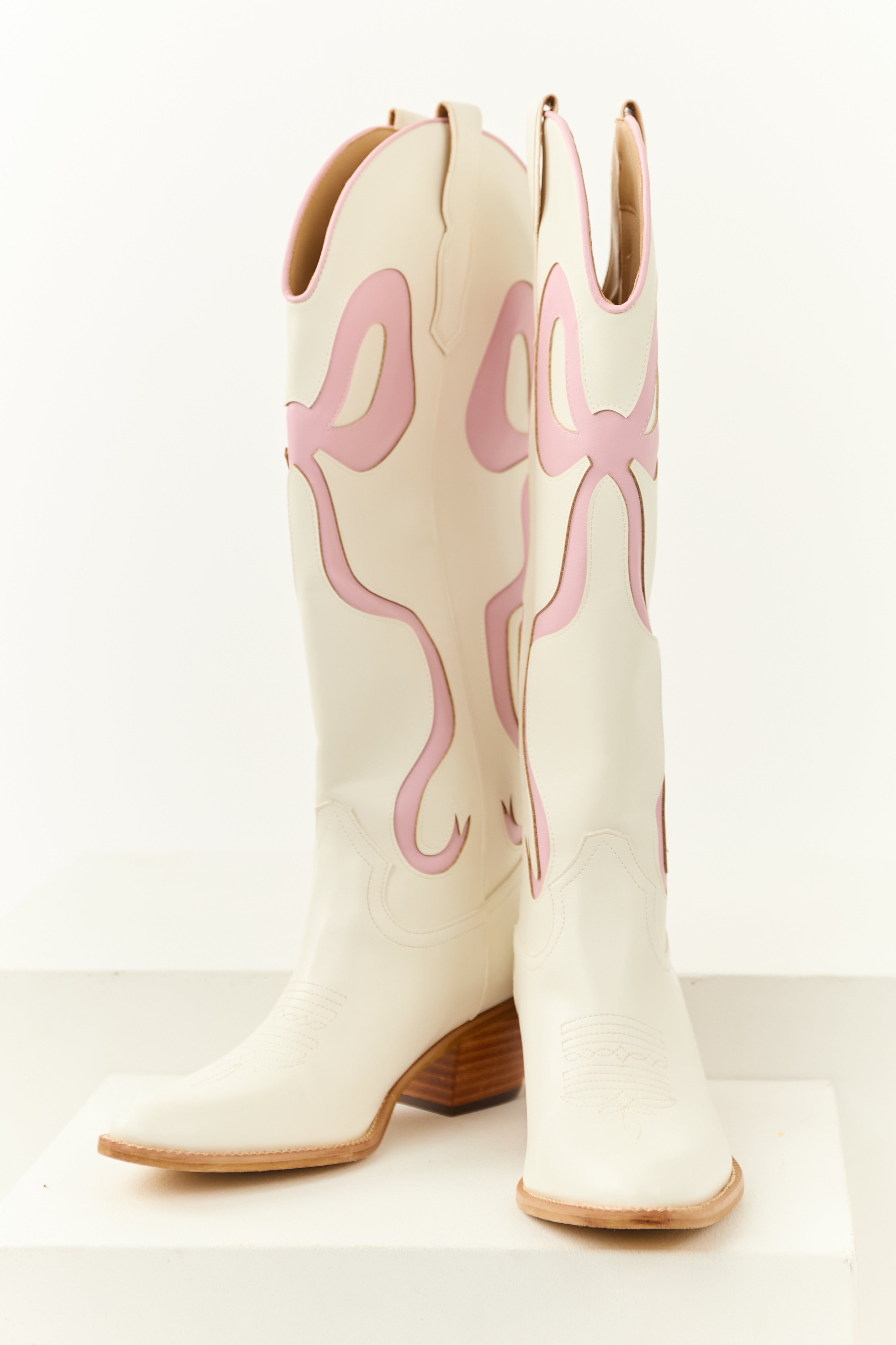 Ivory Bow Detail Knee High Western Heel Boots