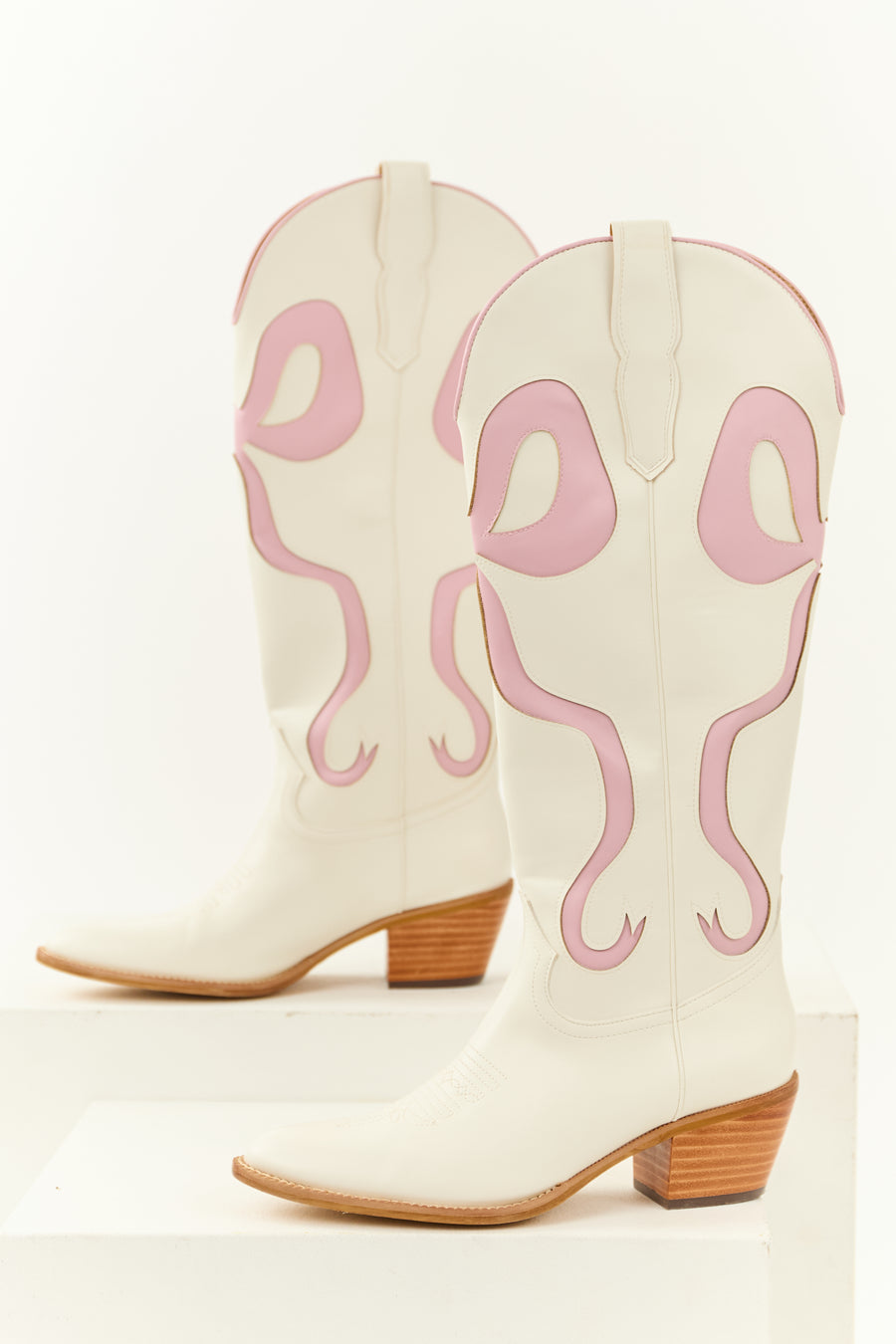 Ivory Bow Detail Knee High Western Heel Boots