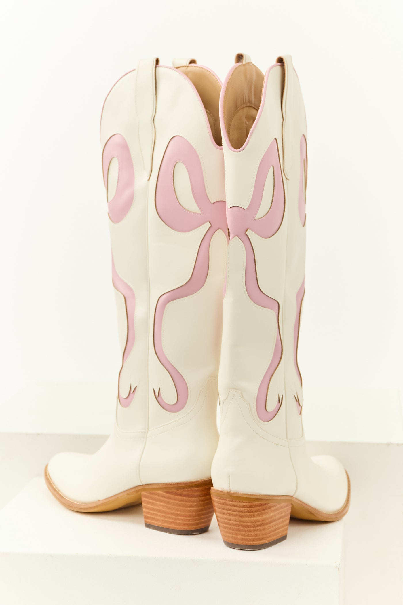 Ivory Bow Detail Knee High Western Heel Boots