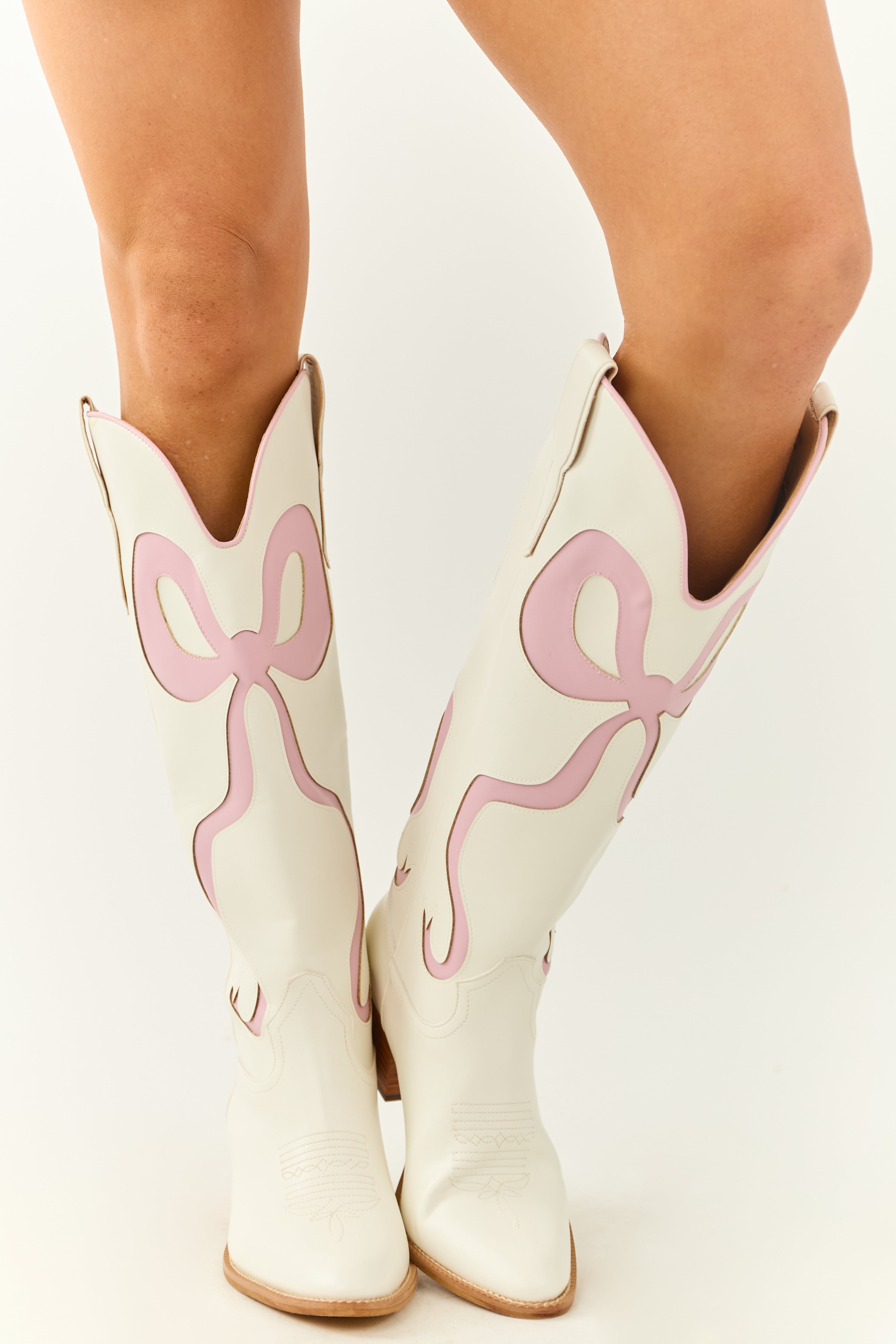 Ivory Bow Detail Knee High Western Heel Boots