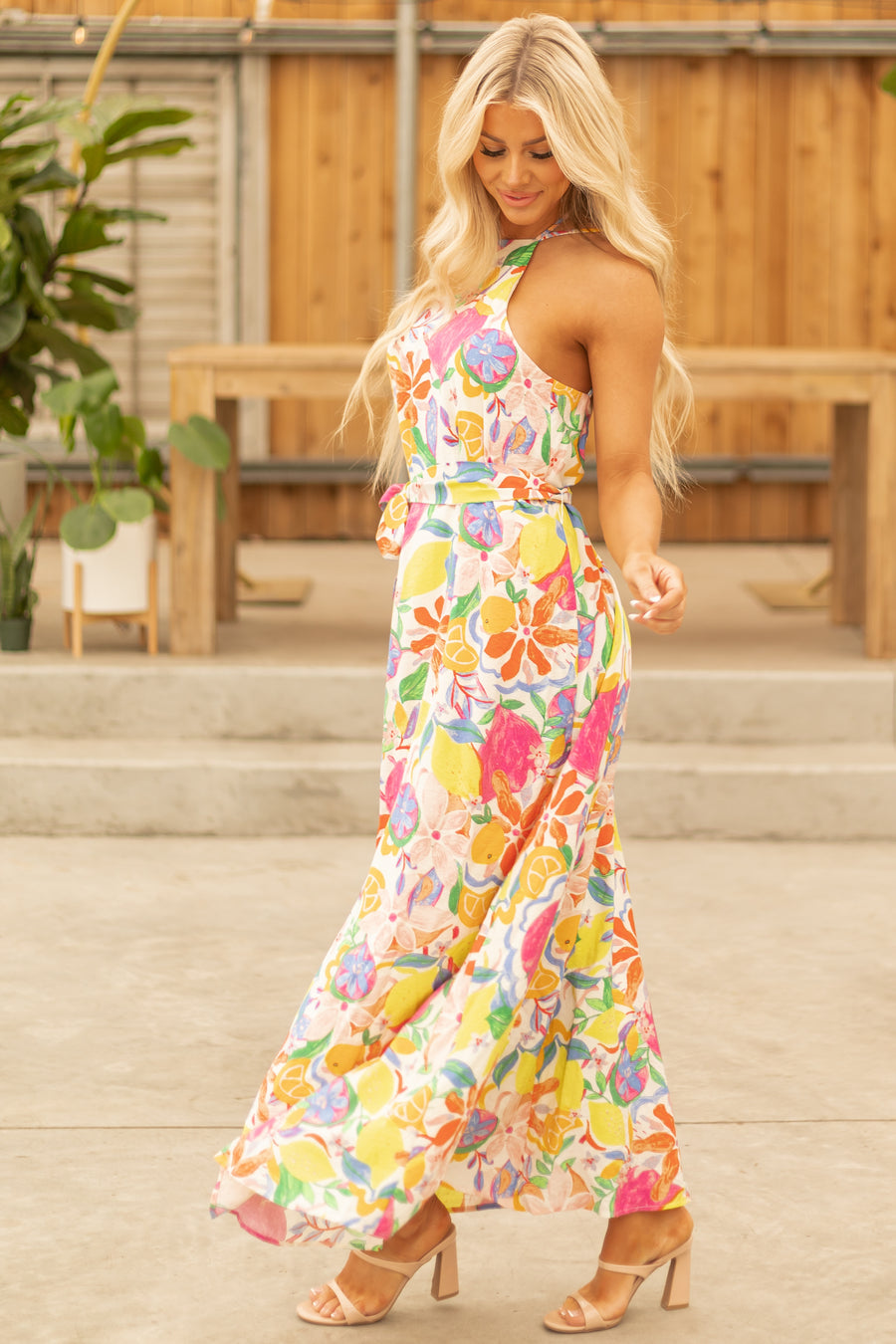 Ivory Colorful Floral and Fruit Print Maxi Dress
