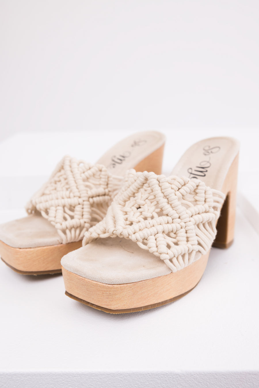 Ivory Crochet Strap Faux Wood Heels