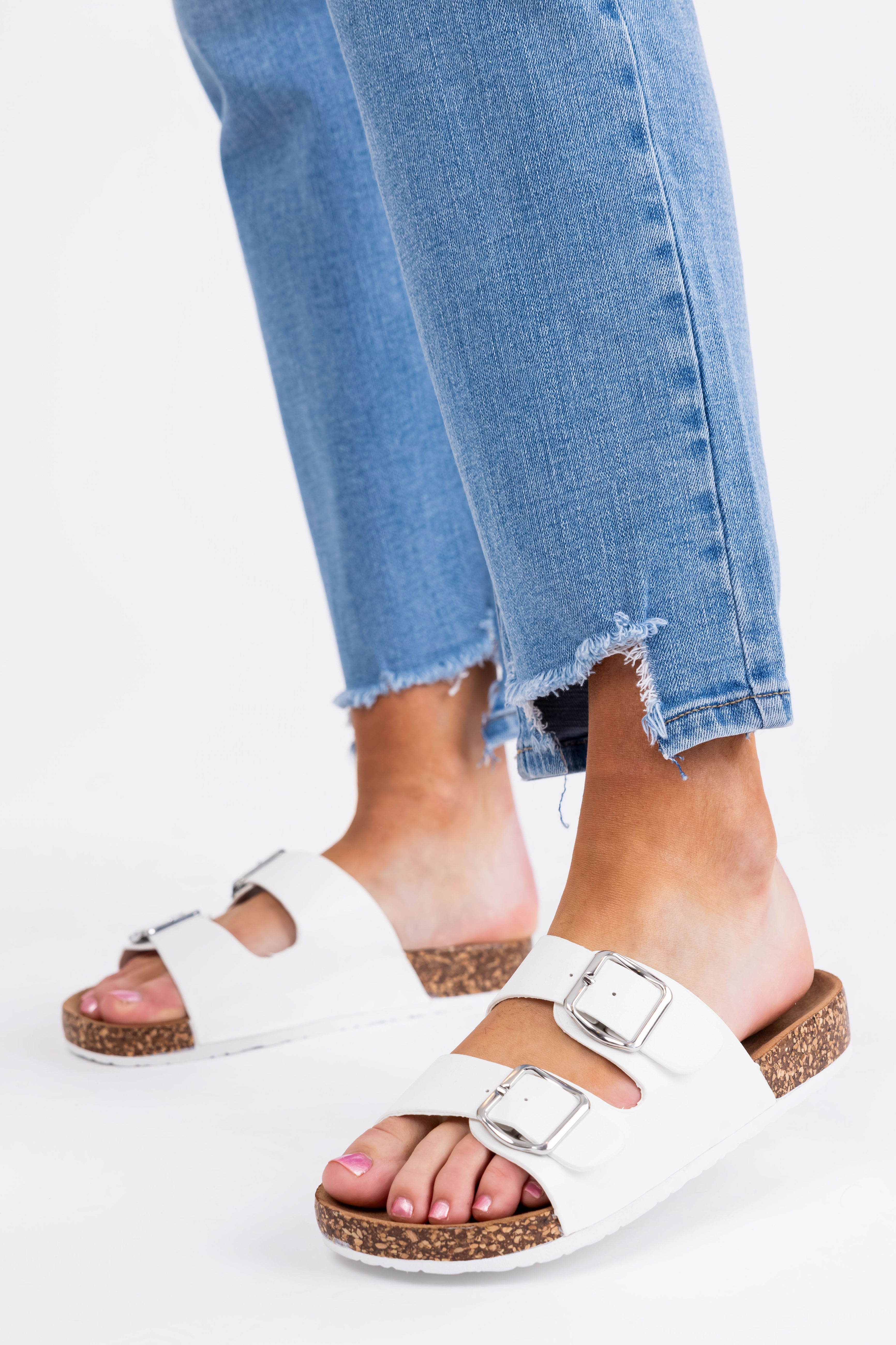 Ivory Double Buckle Slide On Sandals | Lime Lush Boutique