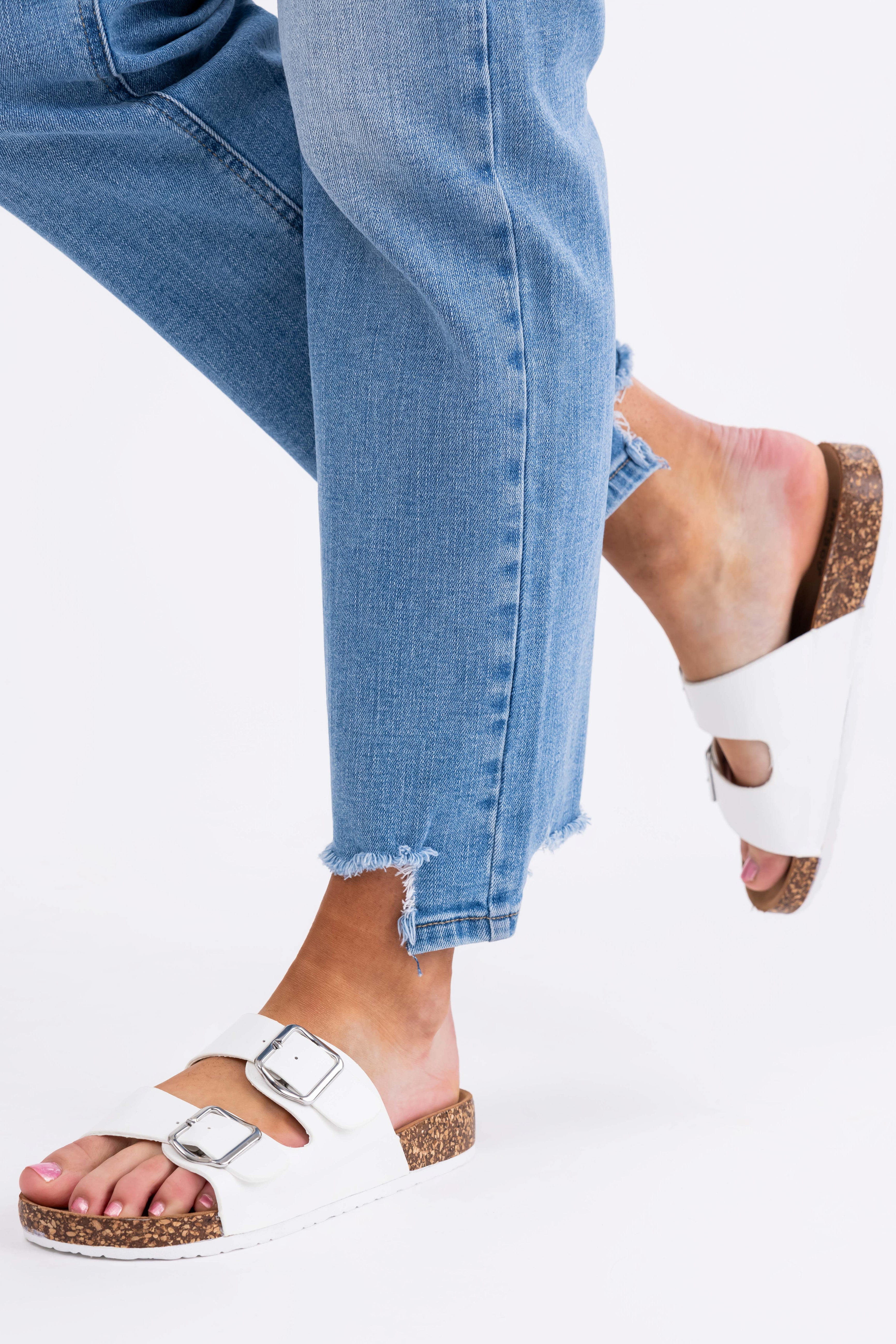Ivory Double Buckle Slide On Sandals | Lime Lush Boutique