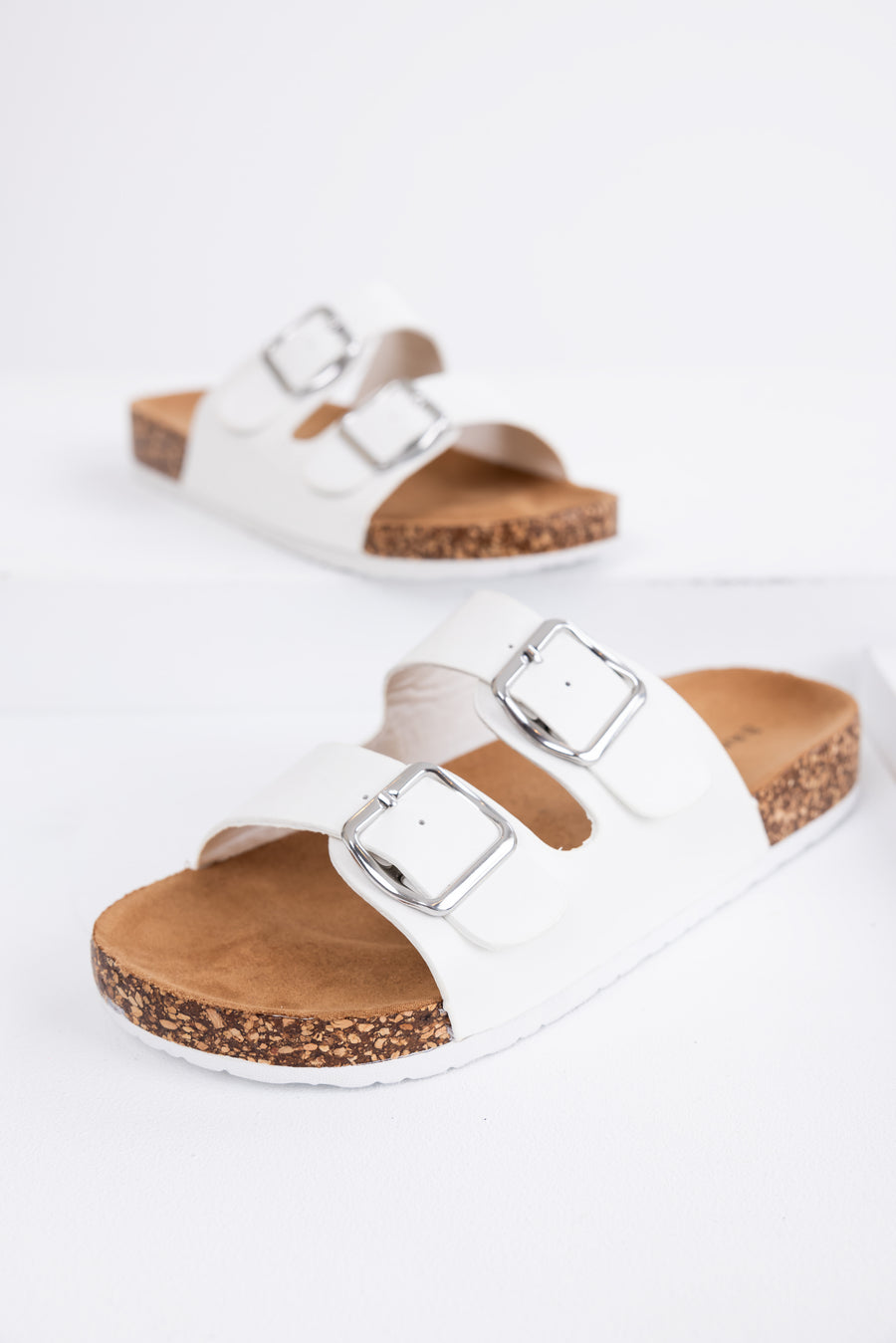 Ivory Double Buckle Slide On Sandals