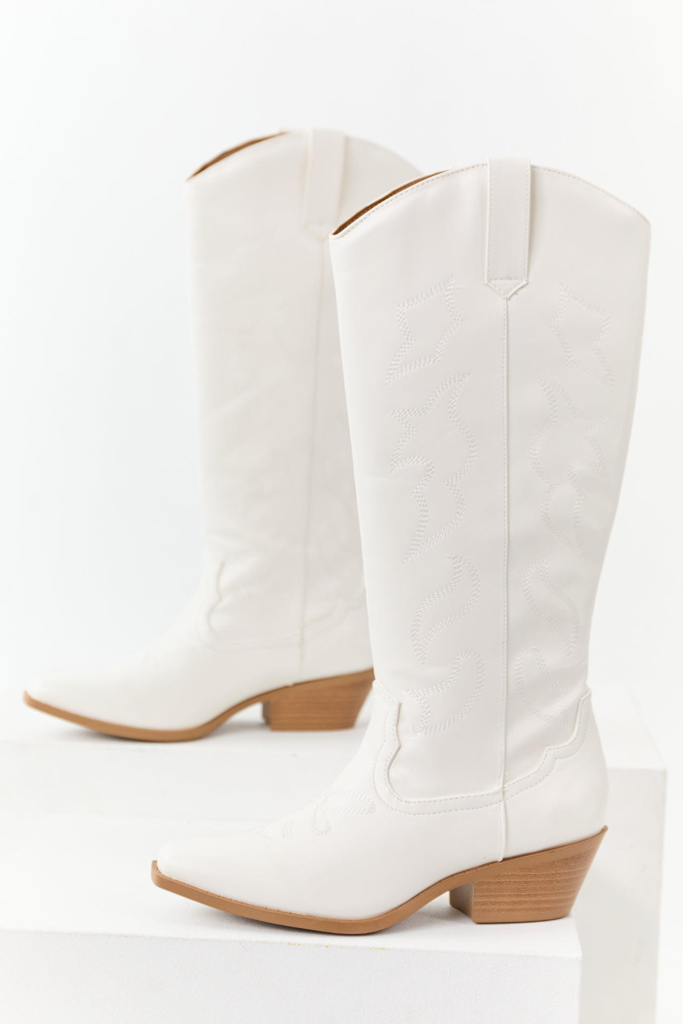 Ivory Faux Leather Western Embroidered Tall Boots