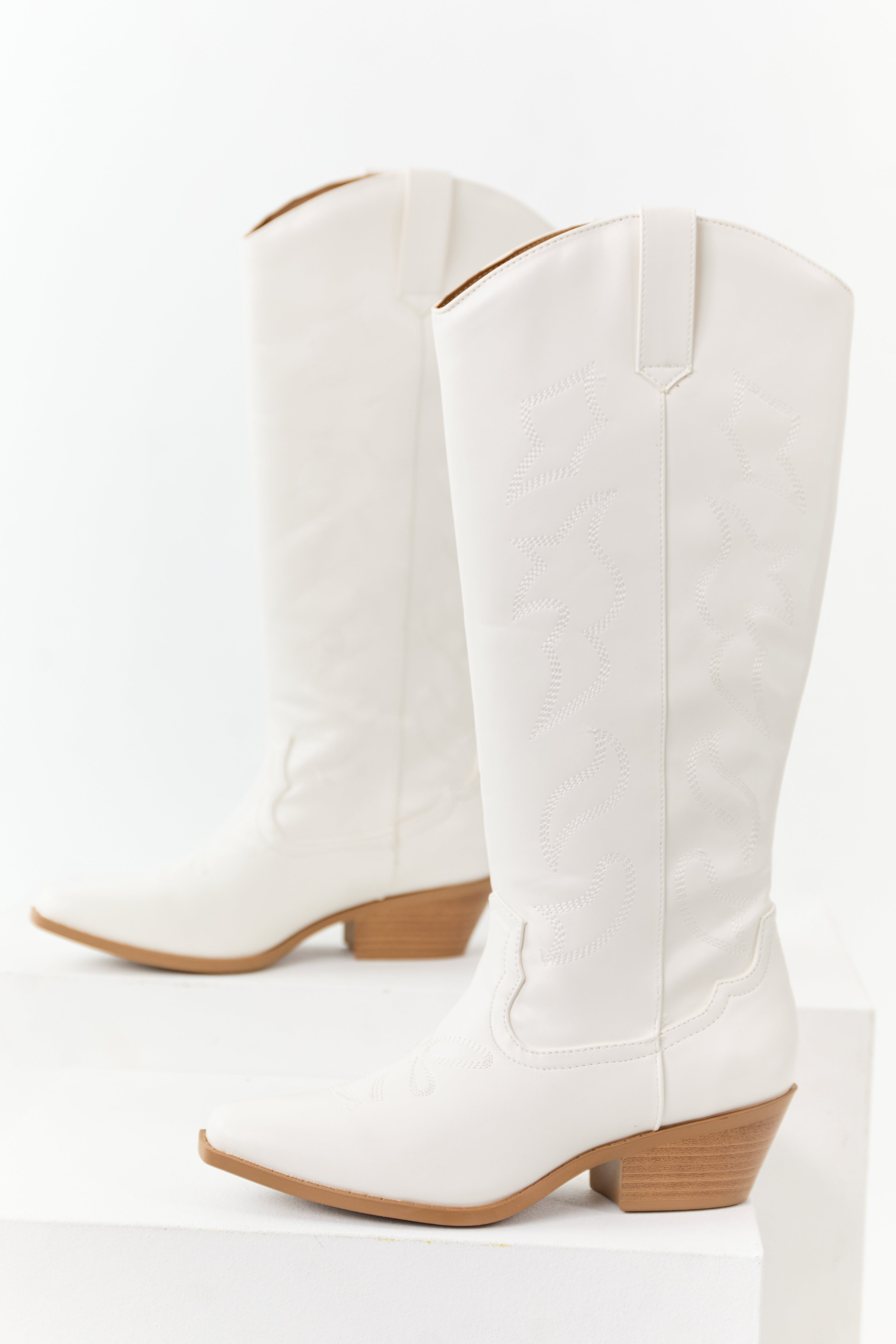 Ivory Faux Leather Western Embroidered Tall Boots