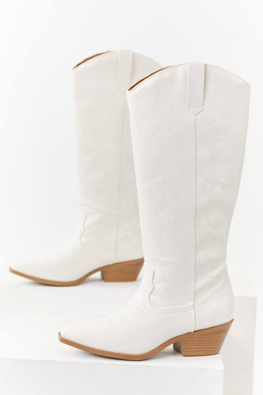 Ivory Faux Leather Western Embroidered Tall Boots
