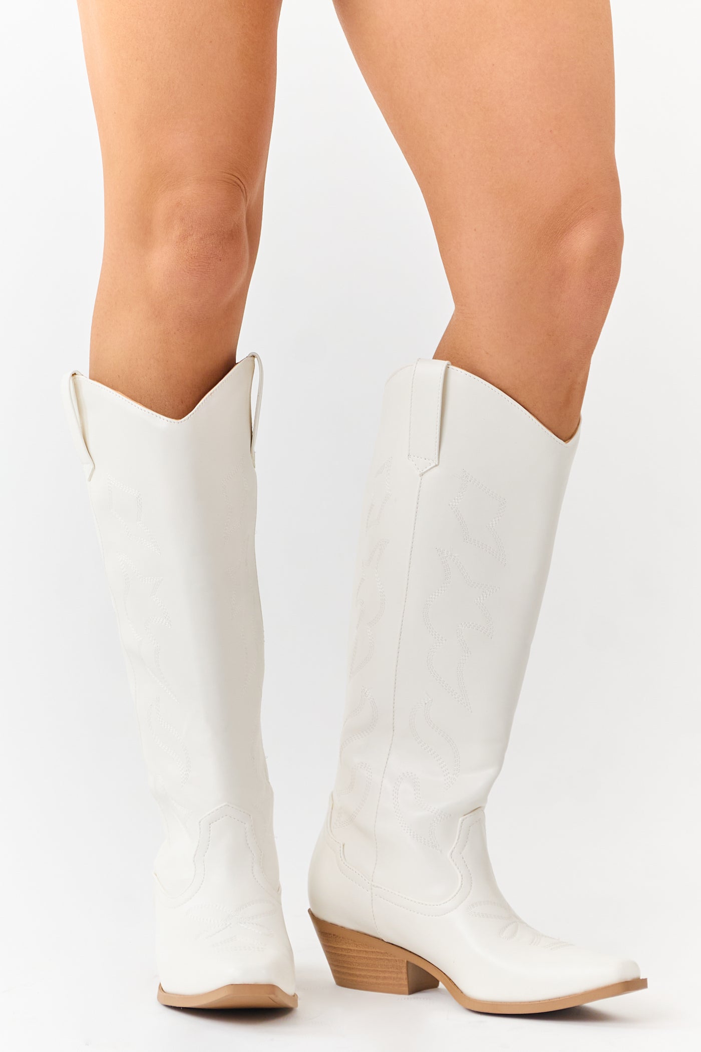 Ivory Faux Leather Western Embroidered Tall Boots