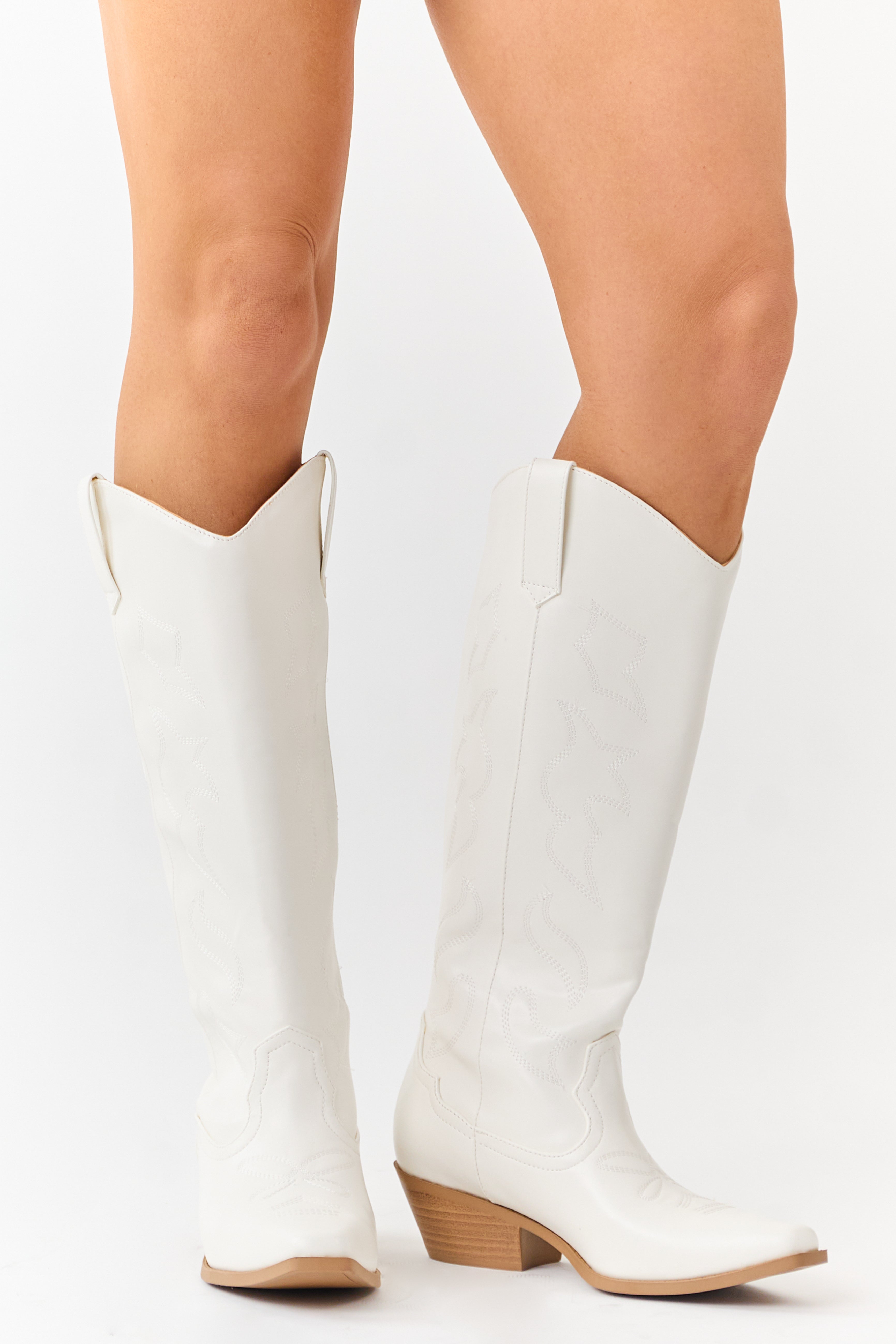 Ivory Faux Leather Western Embroidered Tall Boots