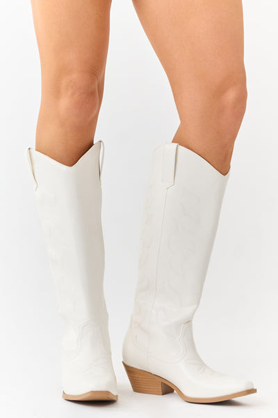 Ivory Faux Leather Western Embroidered Tall Boots