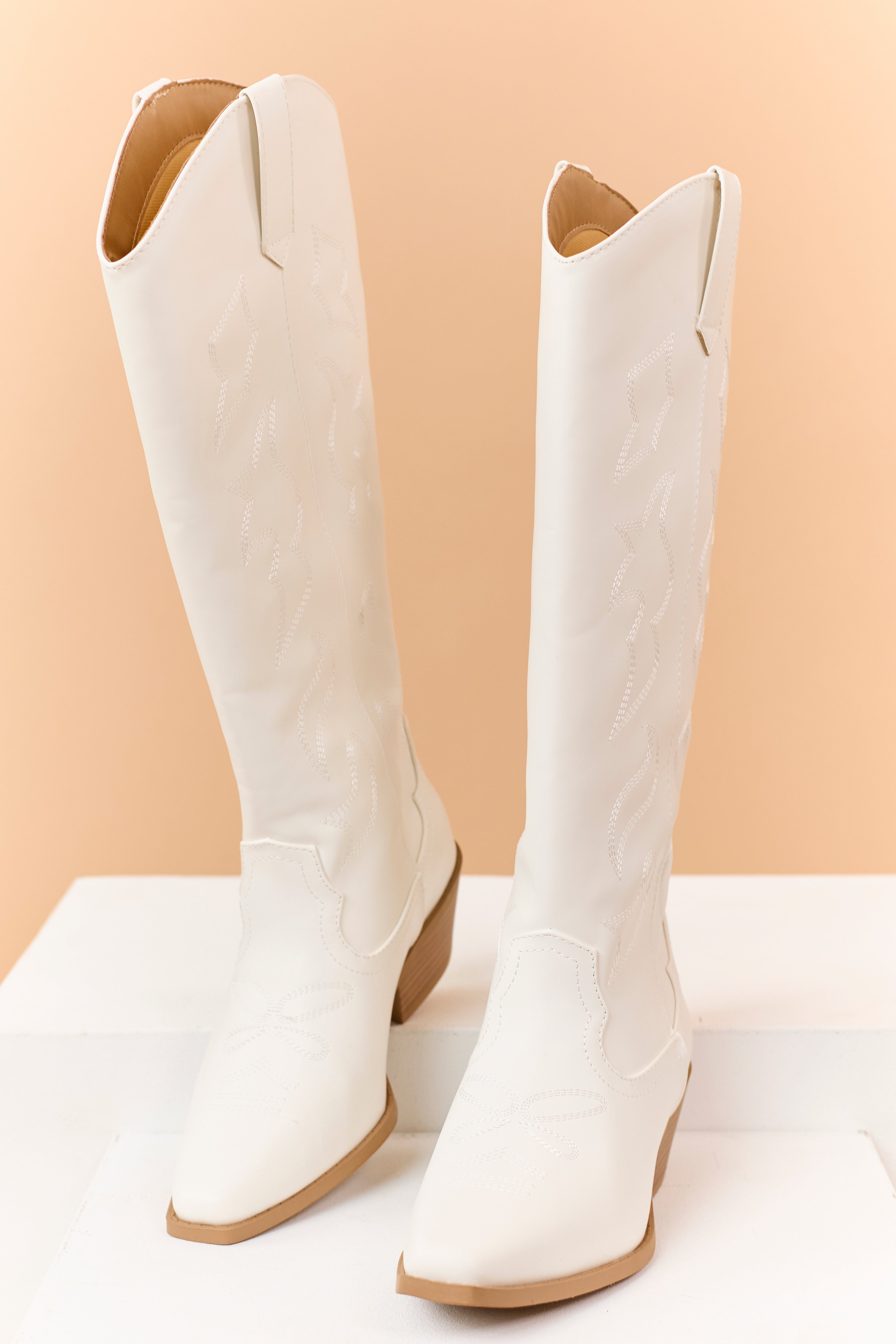 Ivory Faux Leather Western Embroidered Tall Boots | Lime Lush Boutique
