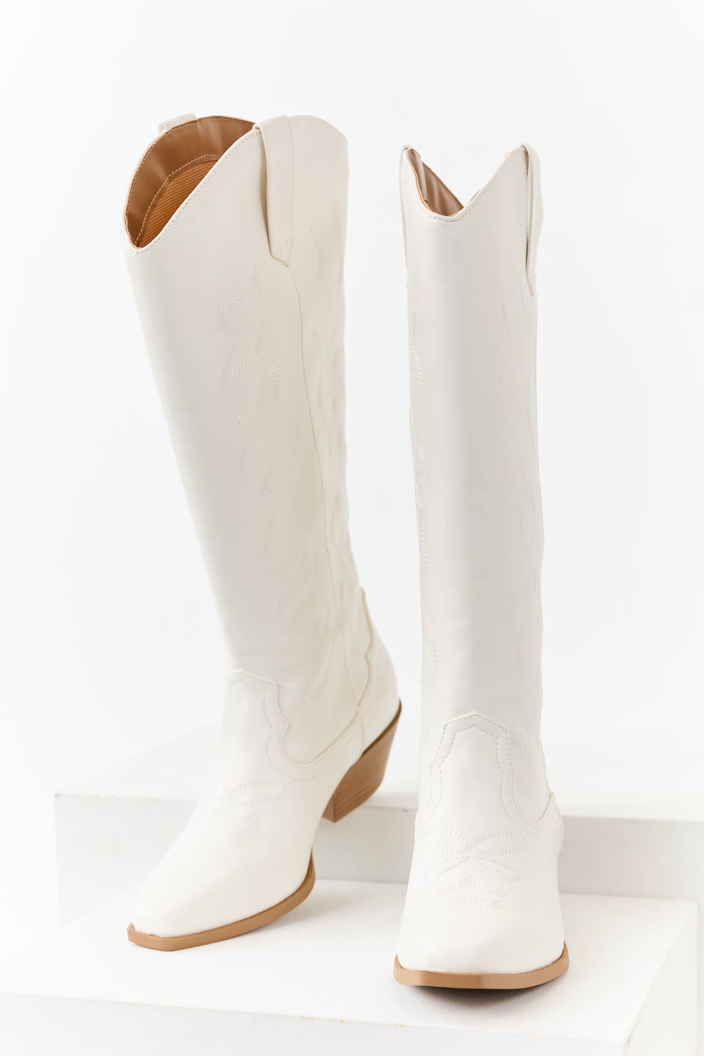 Ivory Faux Leather Western Embroidered Tall Boots