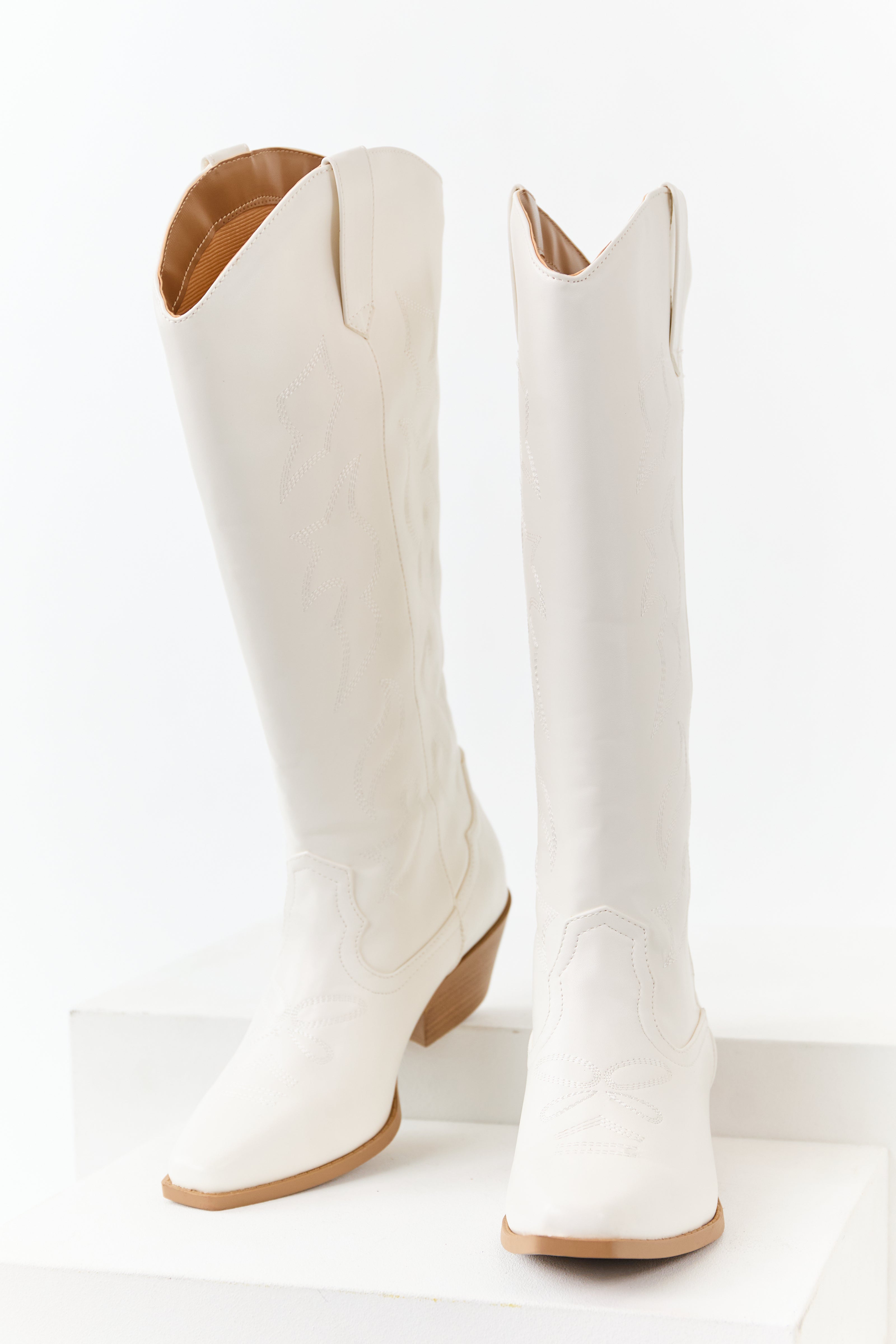Ivory Faux Leather Western Embroidered Tall Boots