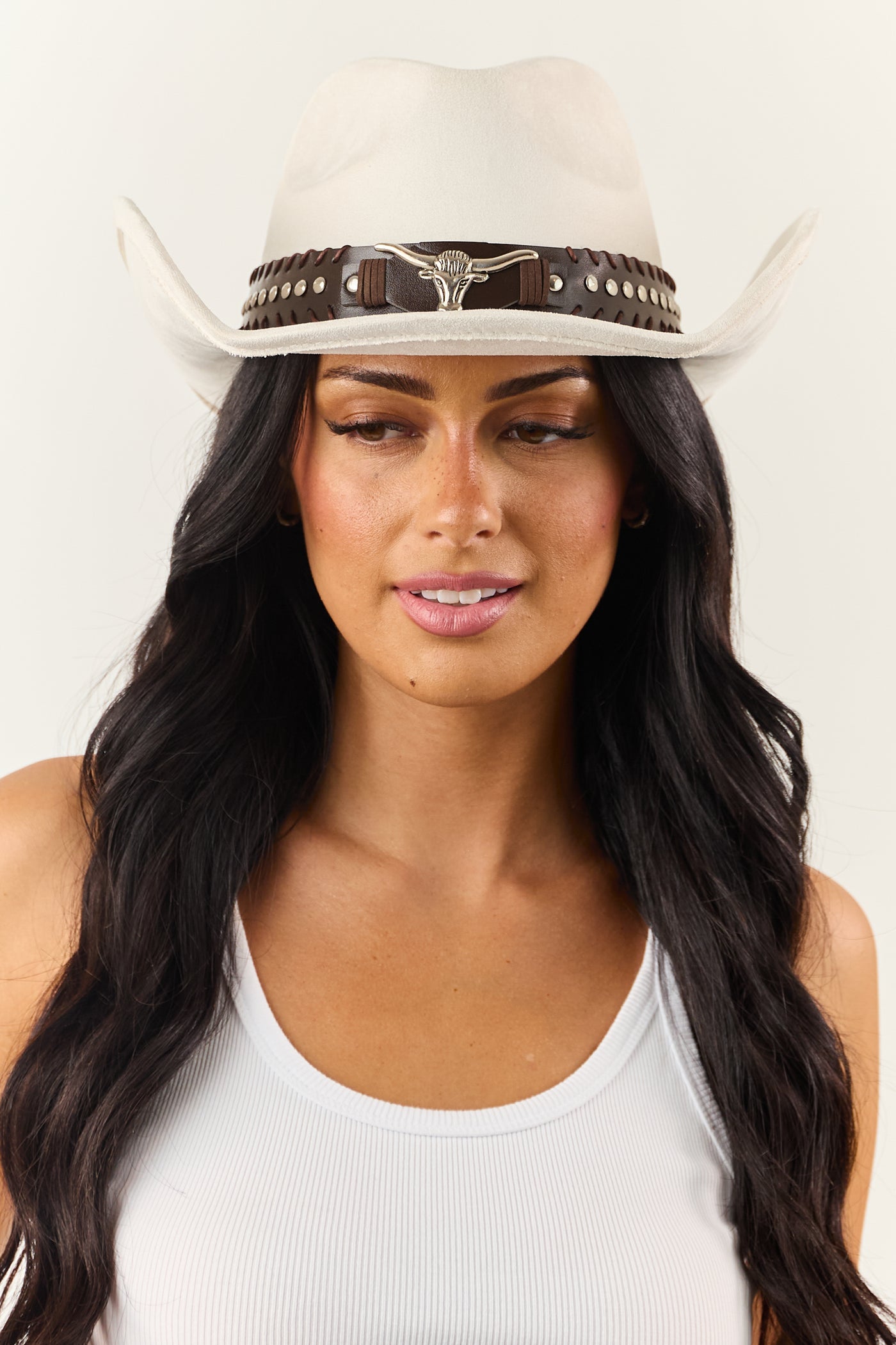 Ivory Faux Suede Longhorn Detail Cowboy Hat