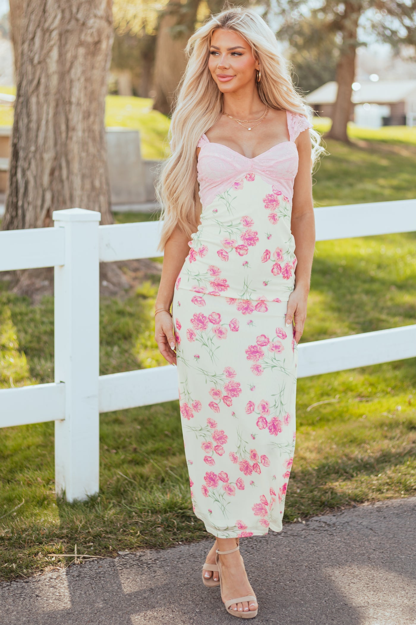 Ivory Floral Print Lace Bust Mesh Maxi Dress