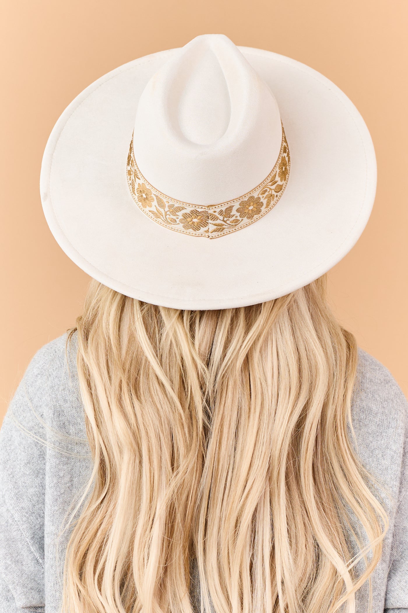 Ivory Flower Ribbon Wide Brim Fedora Hat