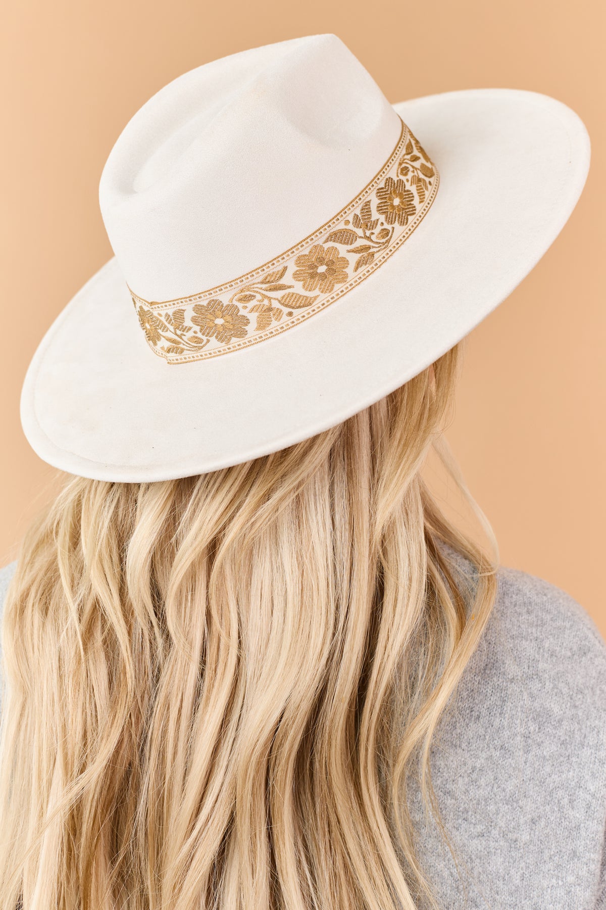 Ivory Flower Ribbon Wide Brim Fedora Hat