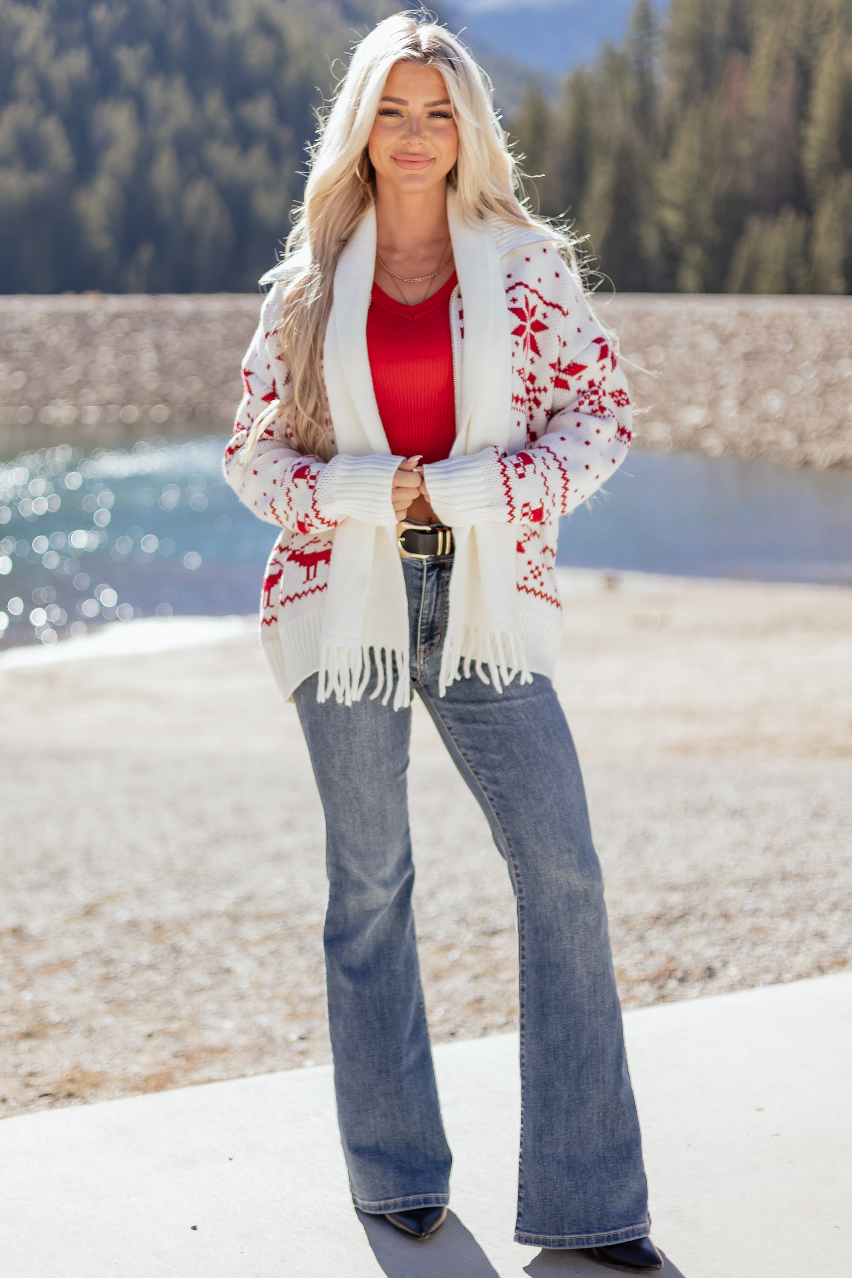 Ivory Holiday Fair Isle Zip Up Sweater Jacket