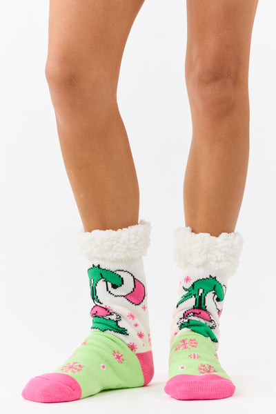 Ivory Holiday Pattern Sherpa Lined Grip Socks