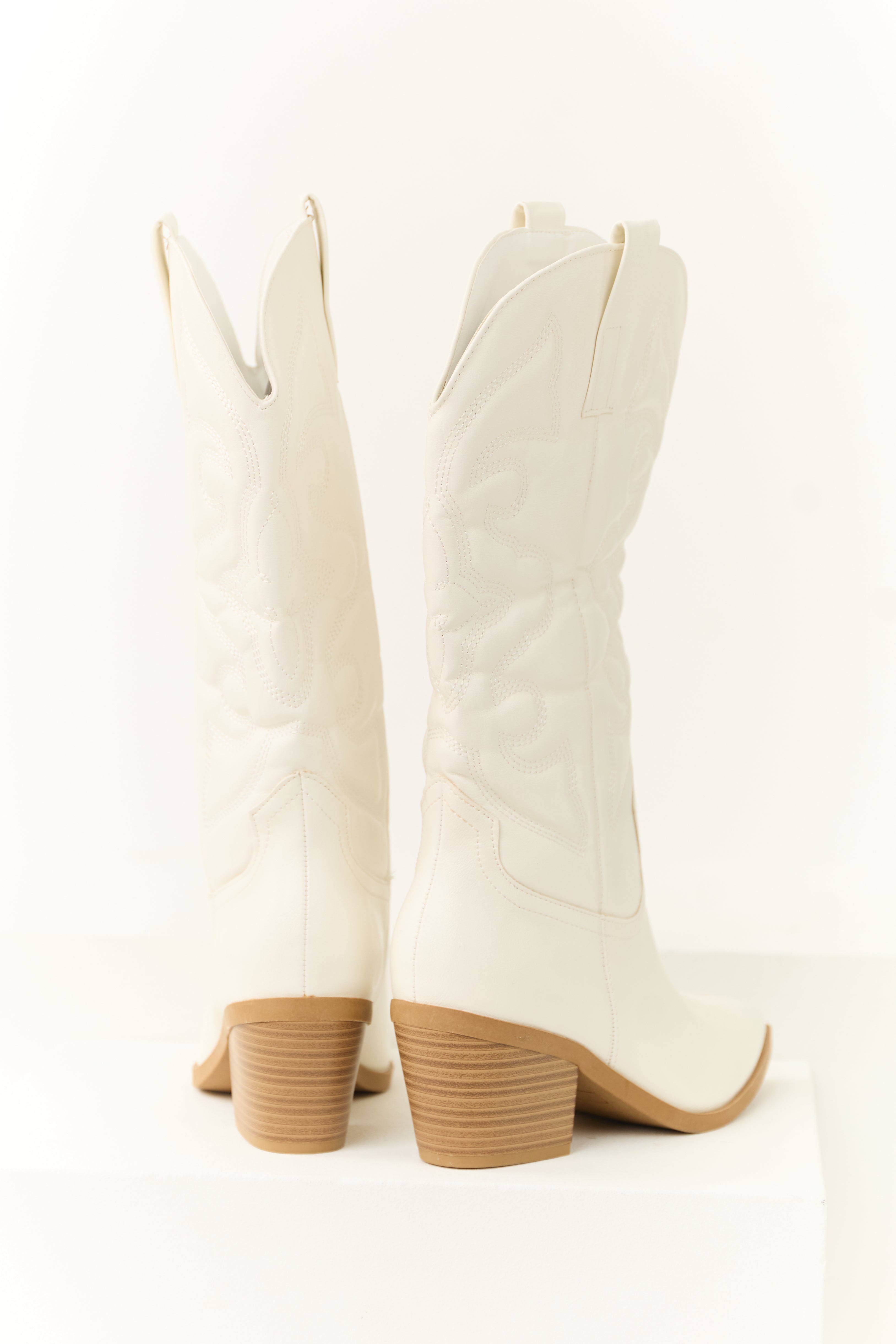 Ivory Faux Leather Pointed Toe Western Boots
